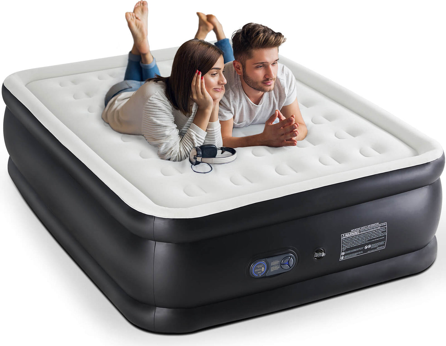 Portable inflatable blow up mattress air bed with built-in high capacity air pump, double height