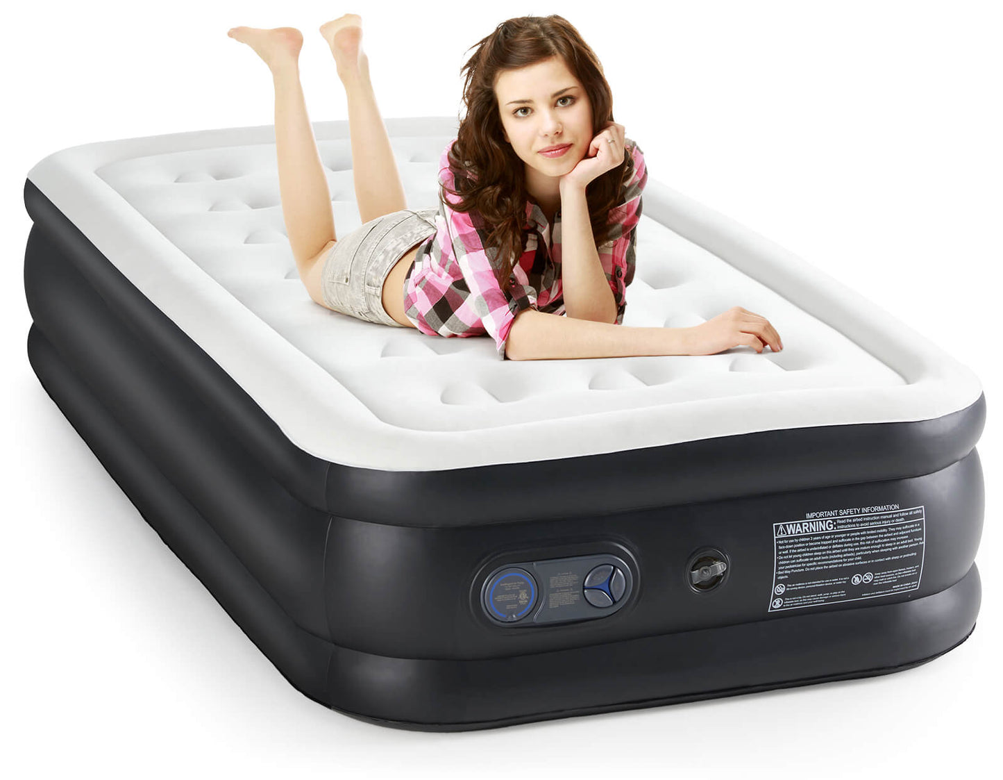 Portable inflatable blow up mattress air bed with built-in high capacity air pump, double height