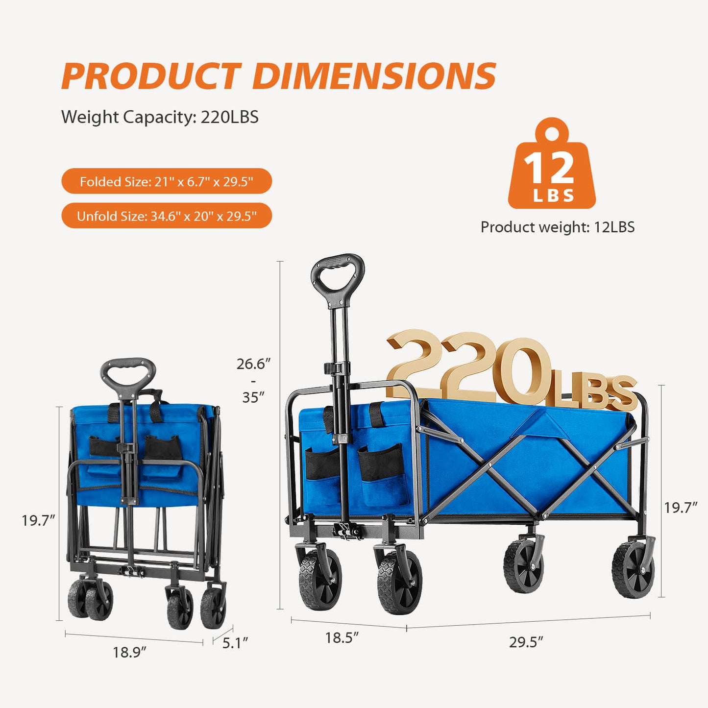 Collapsible Foldable Wagon Cart-with All-Terrain Wheels, Heavy Duty Utility Grocery Wagon with Drink Holders for Shopping Sports Camping