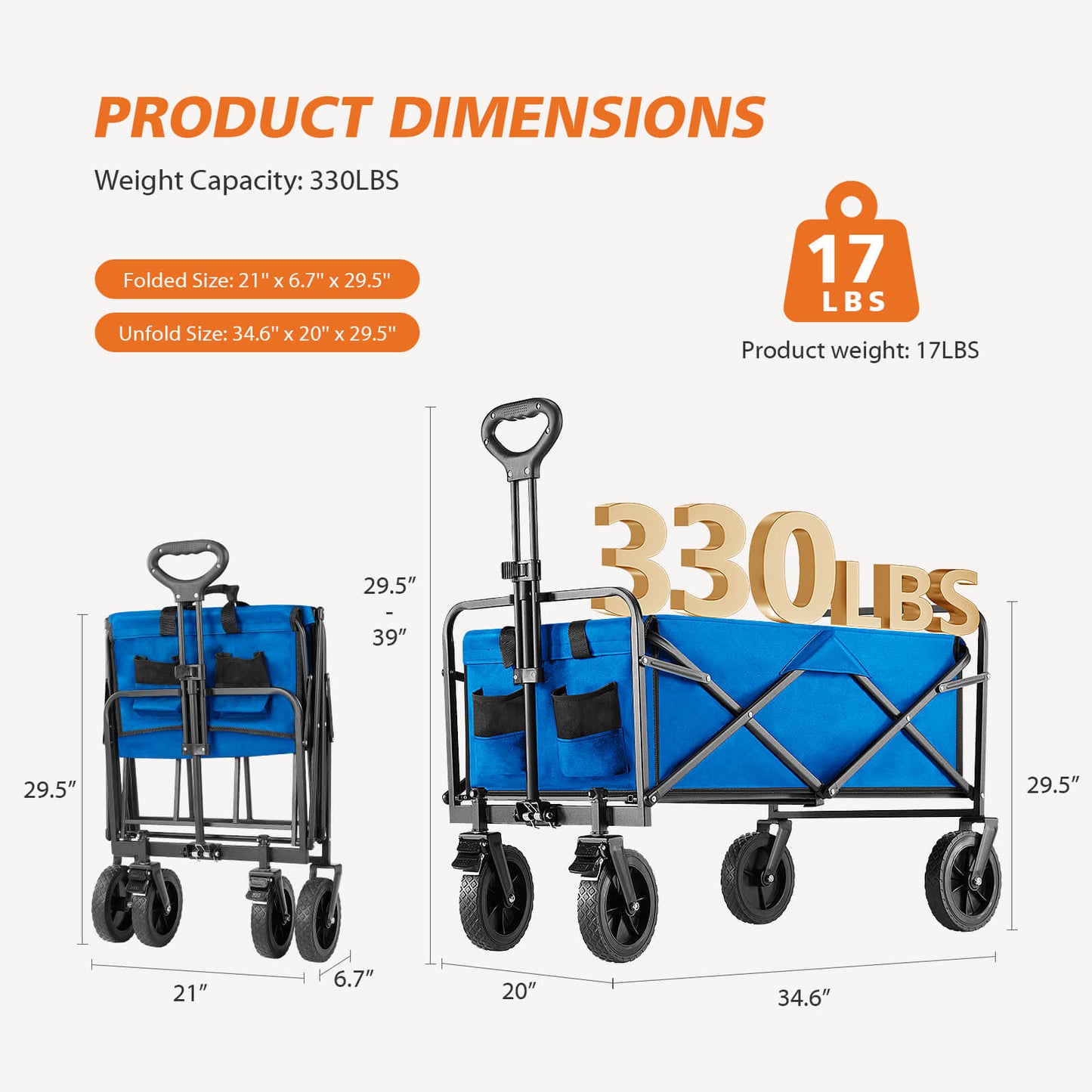 Collapsible Foldable Wagon Cart-with All-Terrain Wheels, Heavy Duty Utility Grocery Wagon with Drink Holders for Shopping Sports Camping