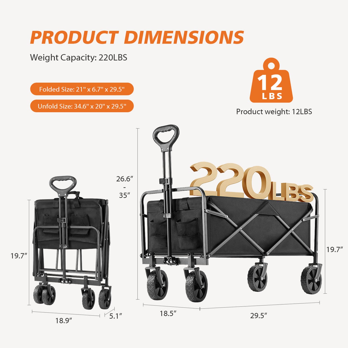 Wagons Carts Foldable with All-Terrain Wheels - foldable, extra large capacity, with drink holder, Suitable for Camping Sports Outdoor Activities