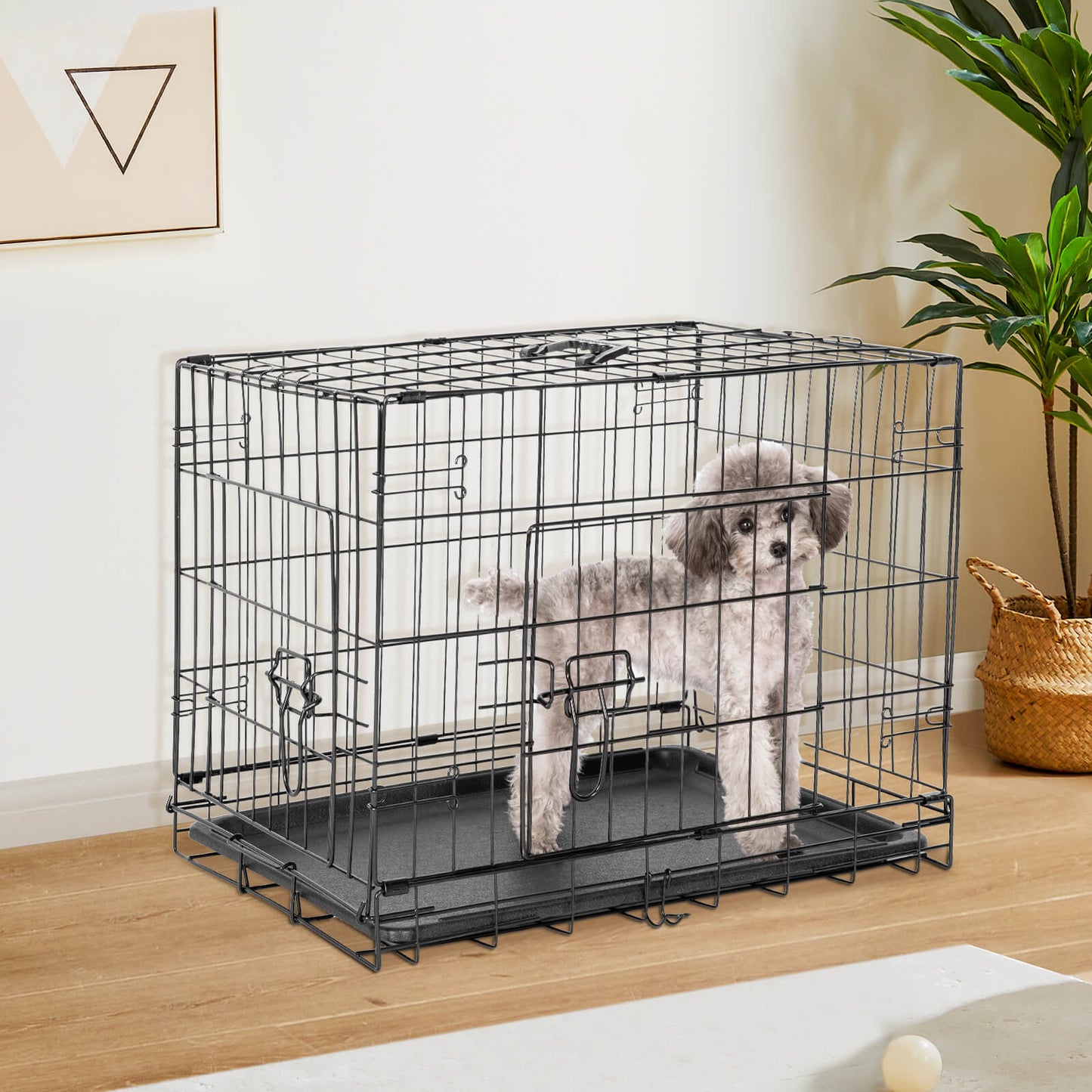 Dog Crate-24/30/36/42/48 inch, Double Door Dog Cage with Divider Panel and Plastic Leak-Proof Pan Tray, foldable, easy to carry, suitable for indoor, outdoor, travel use.