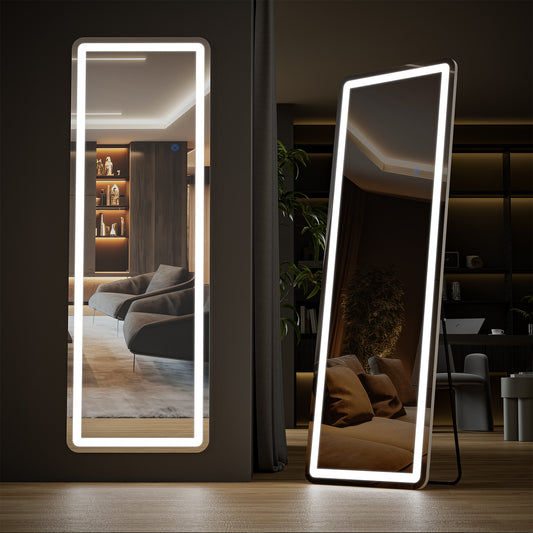 Full Length Mirror with LED Lights, 64"x21" Lighted Floor Standing Mirror with Stand