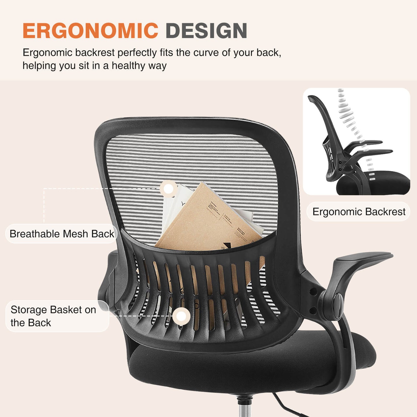 Office Computer Desk Chair-Ergonomic Chair with Wheels, Comfortable Lumbar Support, Comfy Flip-up Arms for Home, Office