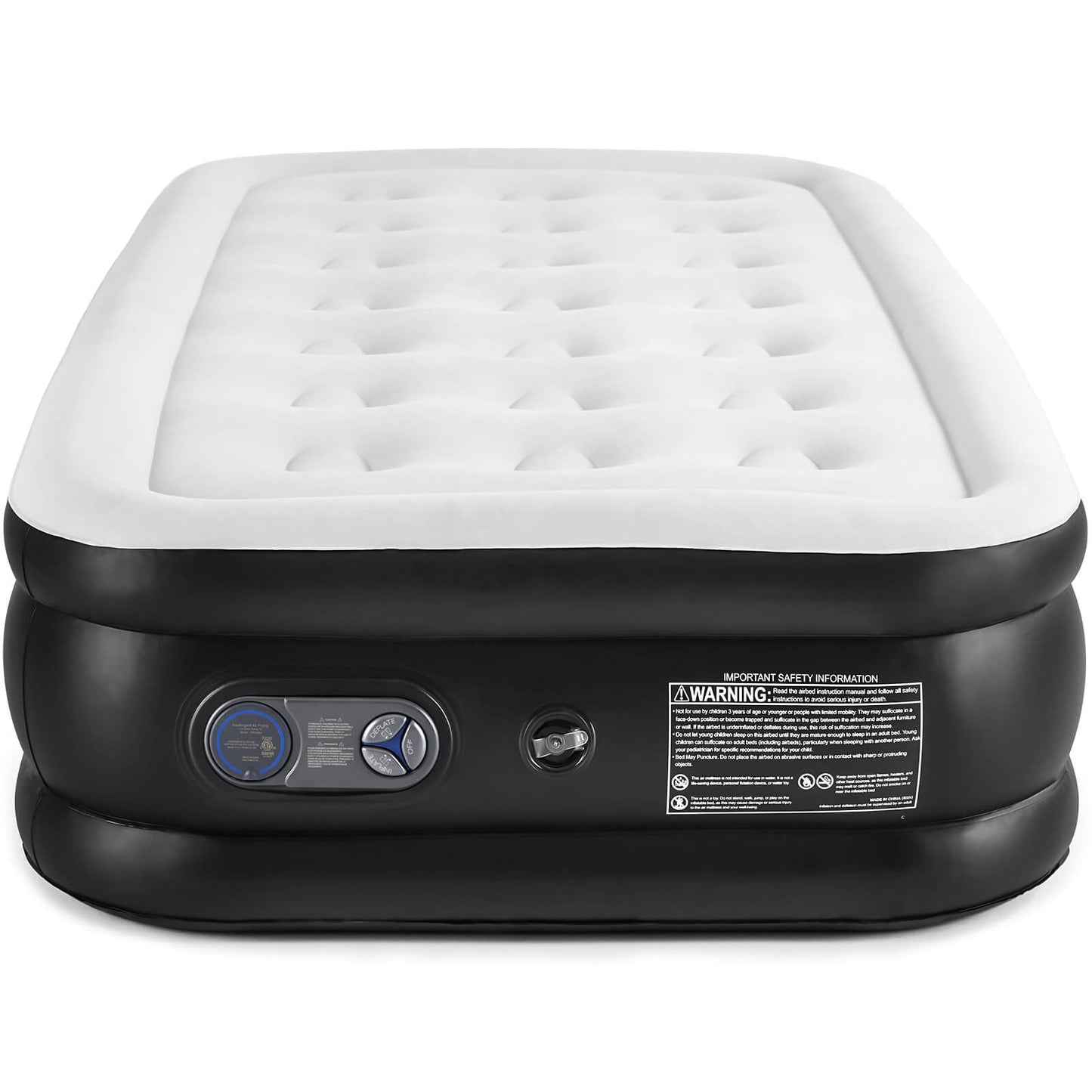 Portable inflatable blow up mattress air bed with built-in high capacity air pump, double height