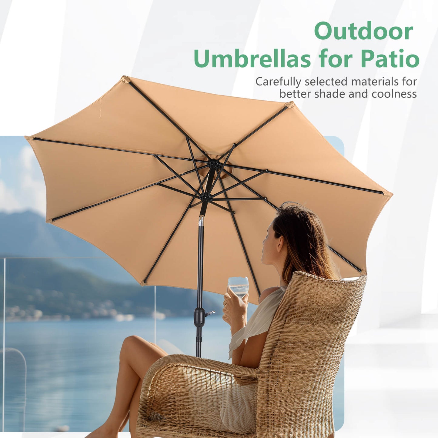 9FT Patio Umbrella with Push Button Tilt and Crank,  with 8 Sturdy Ribs,Outdoor Umbrella, Pool Umbrella, for Market, Terrace, Beach, Outdoor Restaurant