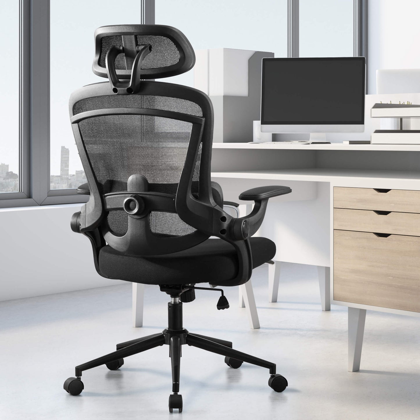 Ergonomic office chair-with adjustable lumbar support and headrest, soft flip-up armrests, height and 120° tilt adjustment