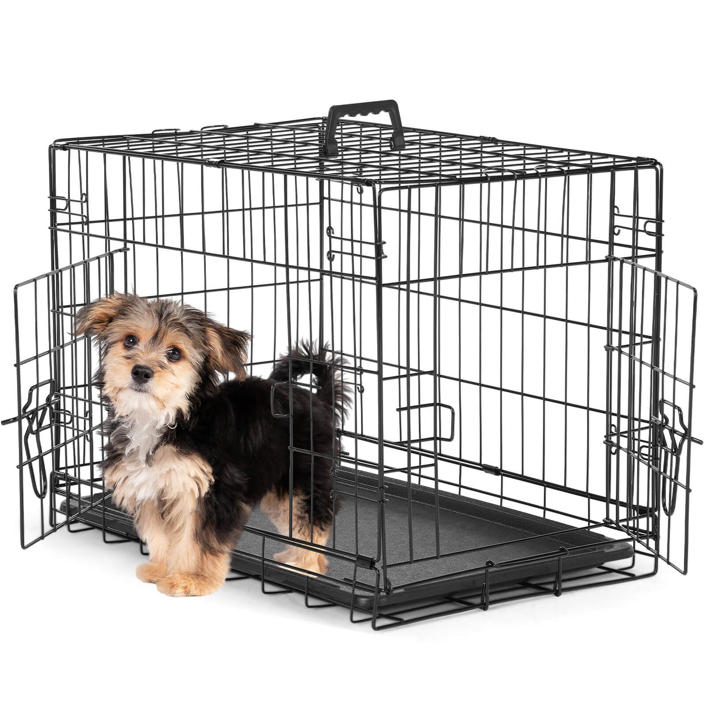 Dog Crate-24/30/36/42/48 inch, Double Door Dog Cage with Divider Panel and Plastic Leak-Proof Pan Tray, foldable, easy to carry, suitable for indoor, outdoor, travel use.