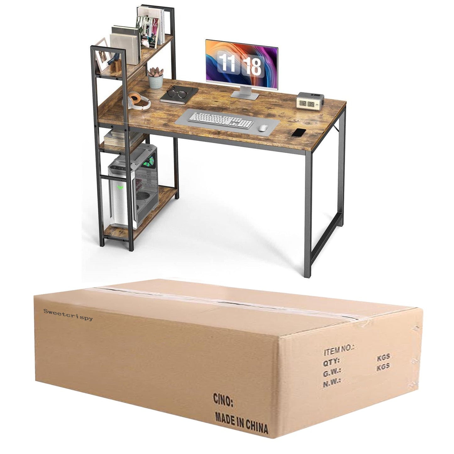 Sweetcrispy Wood Office Desk with Storage Removable Middle Shelf for Dorm, Student, Gaming