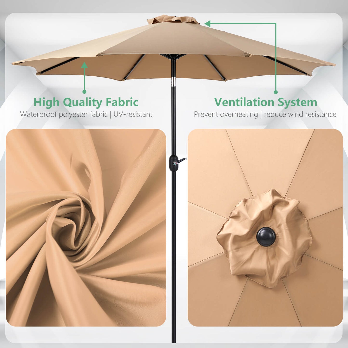 9FT Patio Umbrella with Push Button Tilt and Crank,  with 8 Sturdy Ribs,Outdoor Umbrella, Pool Umbrella, for Market, Terrace, Beach, Outdoor Restaurant