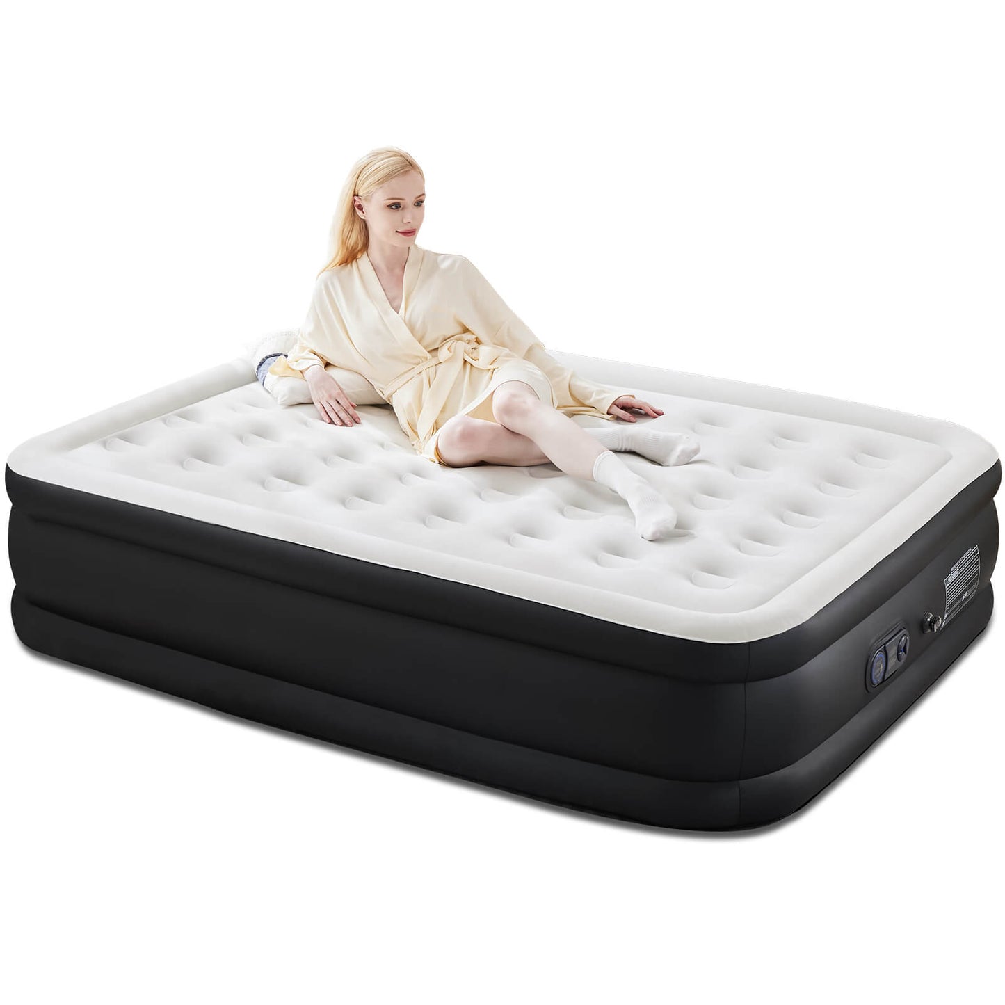 Portable inflatable blow up mattress air bed with built-in high capacity air pump, double height