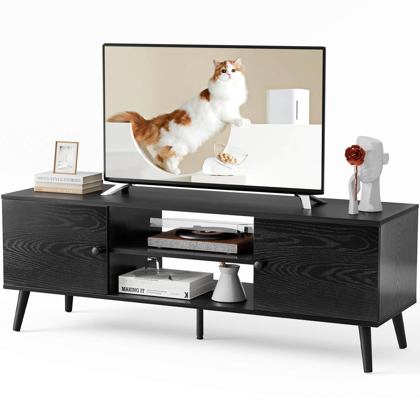 Wooden TV stand - for TVs up to 60 inches with adjustable shelves with double storage cabinets for living room, bedroom, patio, etc.