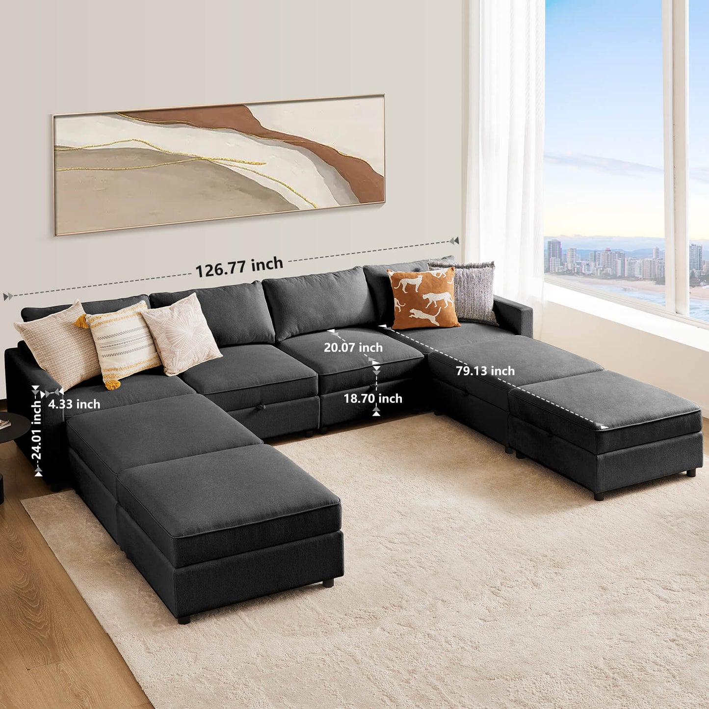 Convertible Sectional Sofa Couch-with Storage for Living Room, U-Shaped Modern Modular Sofa Sleeper with Reversible Chaise