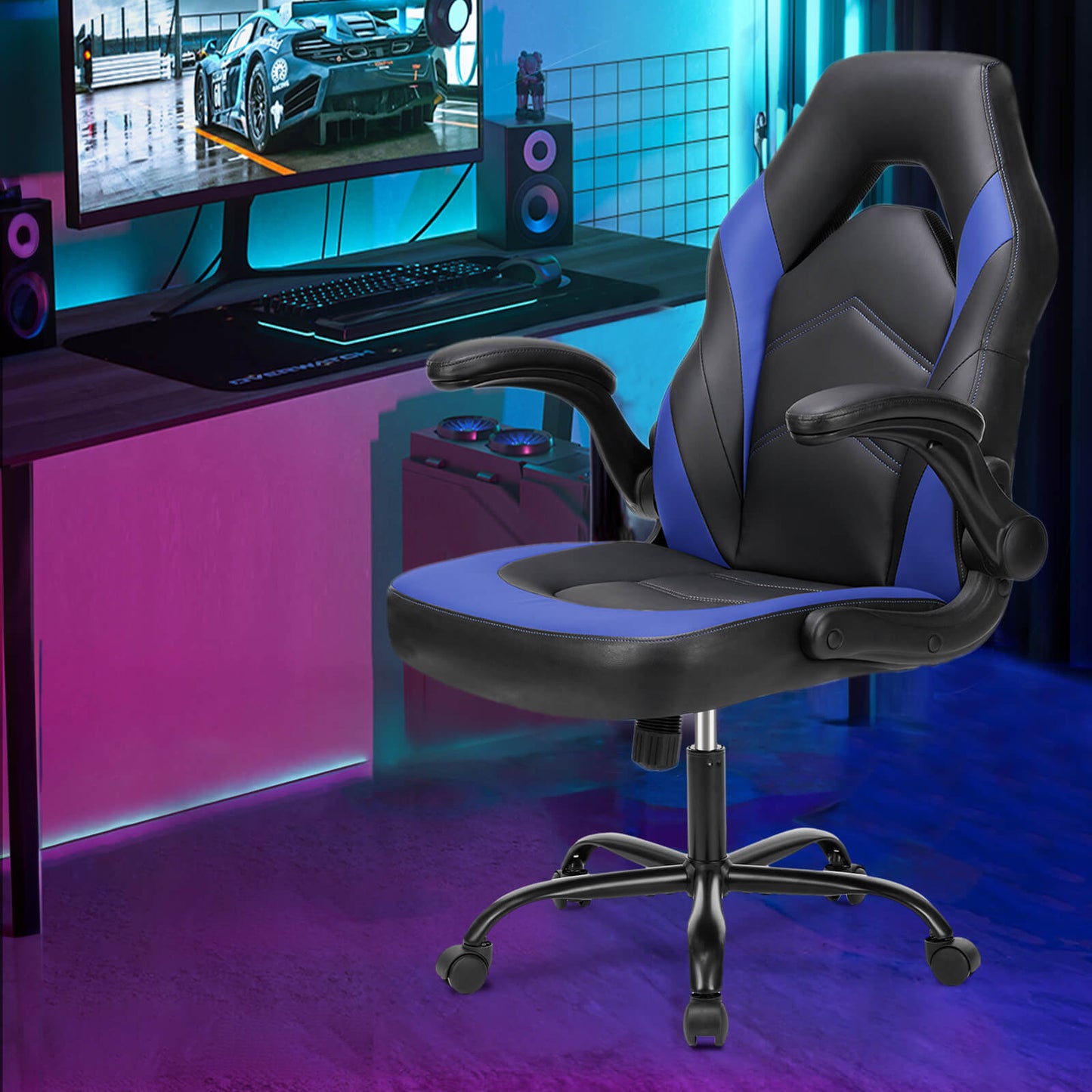 Ergonomic Leather Gaming Chair-Office Desk PU Leather Chair -up Armrests, Swivel Task Chair Adjustable Height for Adults Teens Kids