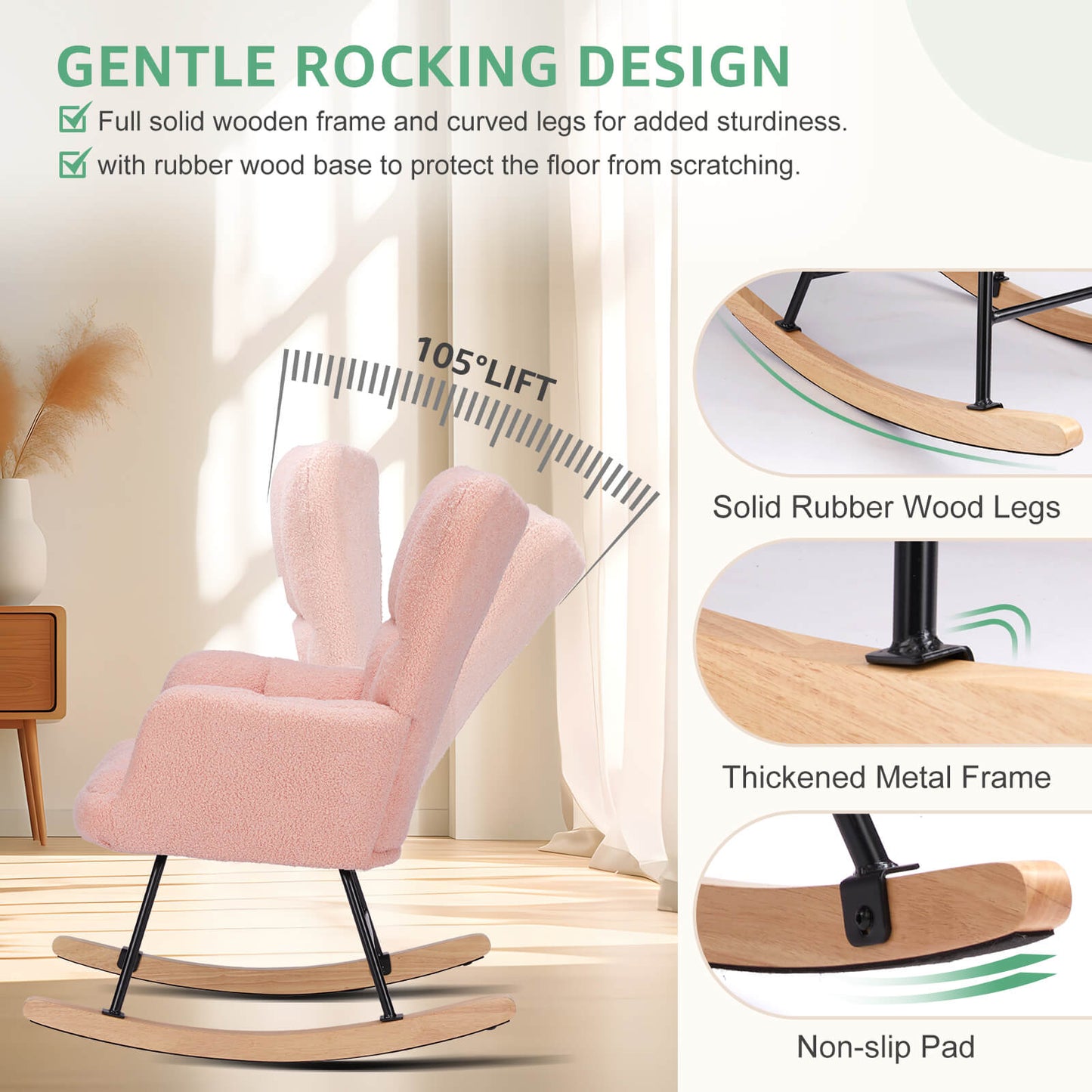 Rocking Chair Nursery, with High Backrest, Reading Chair Modern Rocking Accent Chairs Glider Recliner for Living Room, Nursery, Bedroom