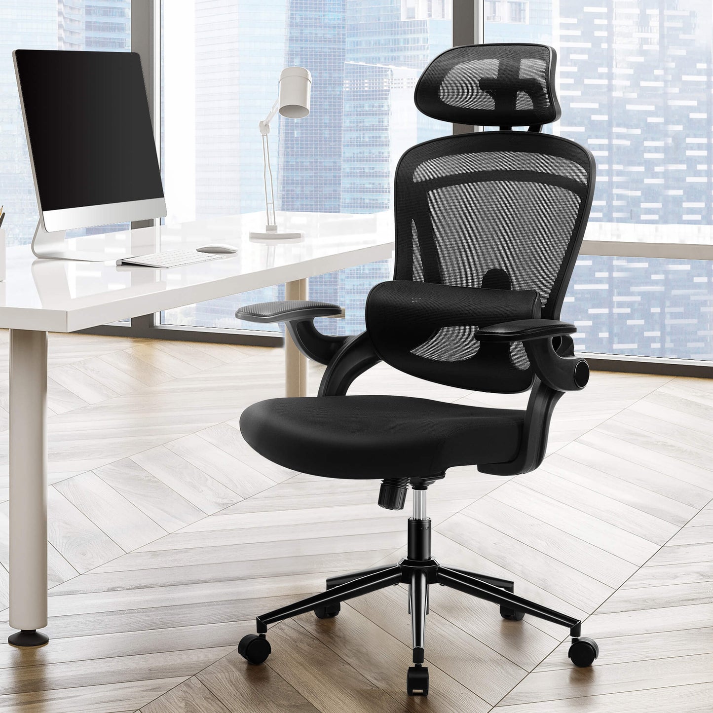 Ergonomic office chair-with adjustable lumbar support and headrest, soft flip-up armrests, height and 120° tilt adjustment