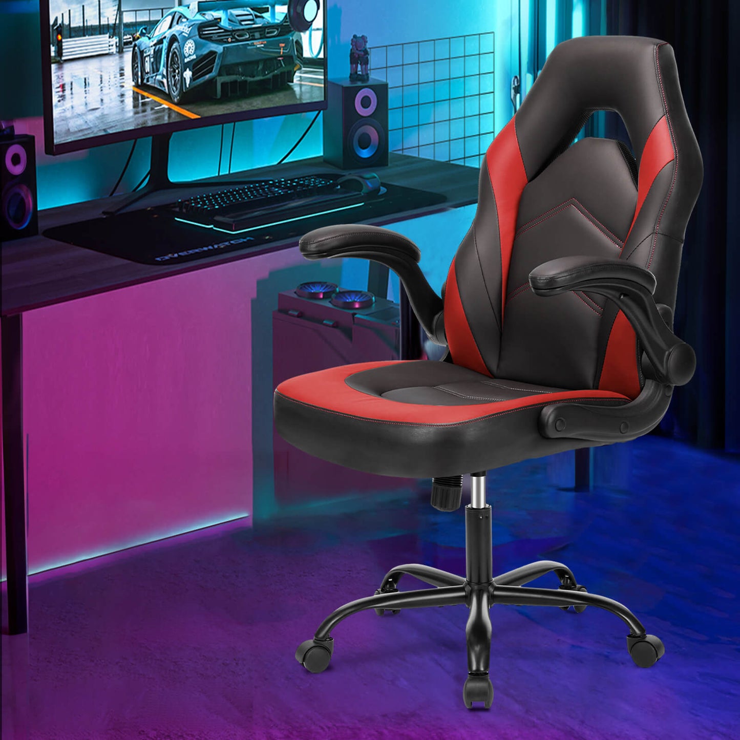 Ergonomic Leather Gaming Chair-Office Desk PU Leather Chair -up Armrests, Swivel Task Chair Adjustable Height for Adults Teens Kids