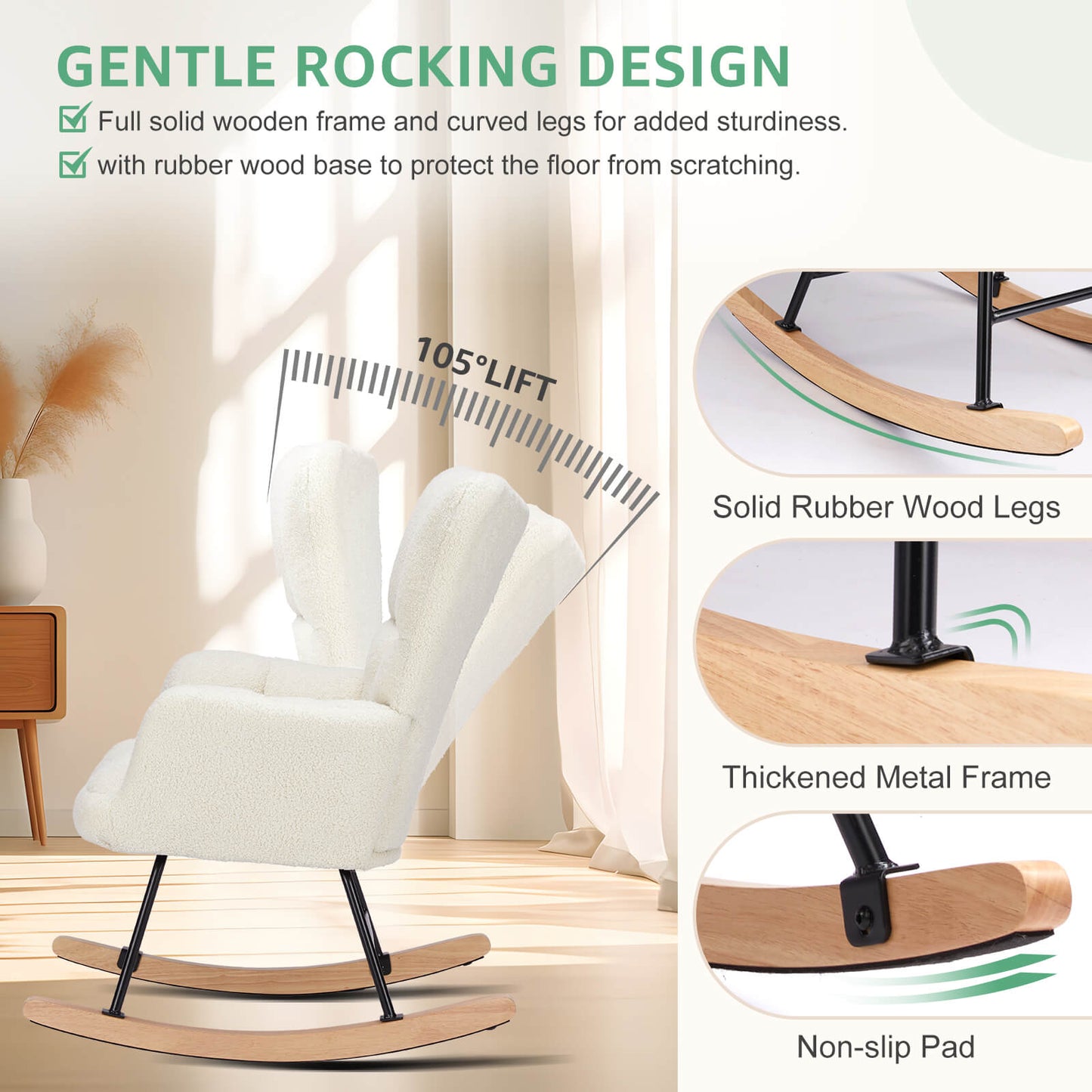 Rocking Chair Nursery, with High Backrest, Reading Chair Modern Rocking Accent Chairs Glider Recliner for Living Room, Nursery, Bedroom