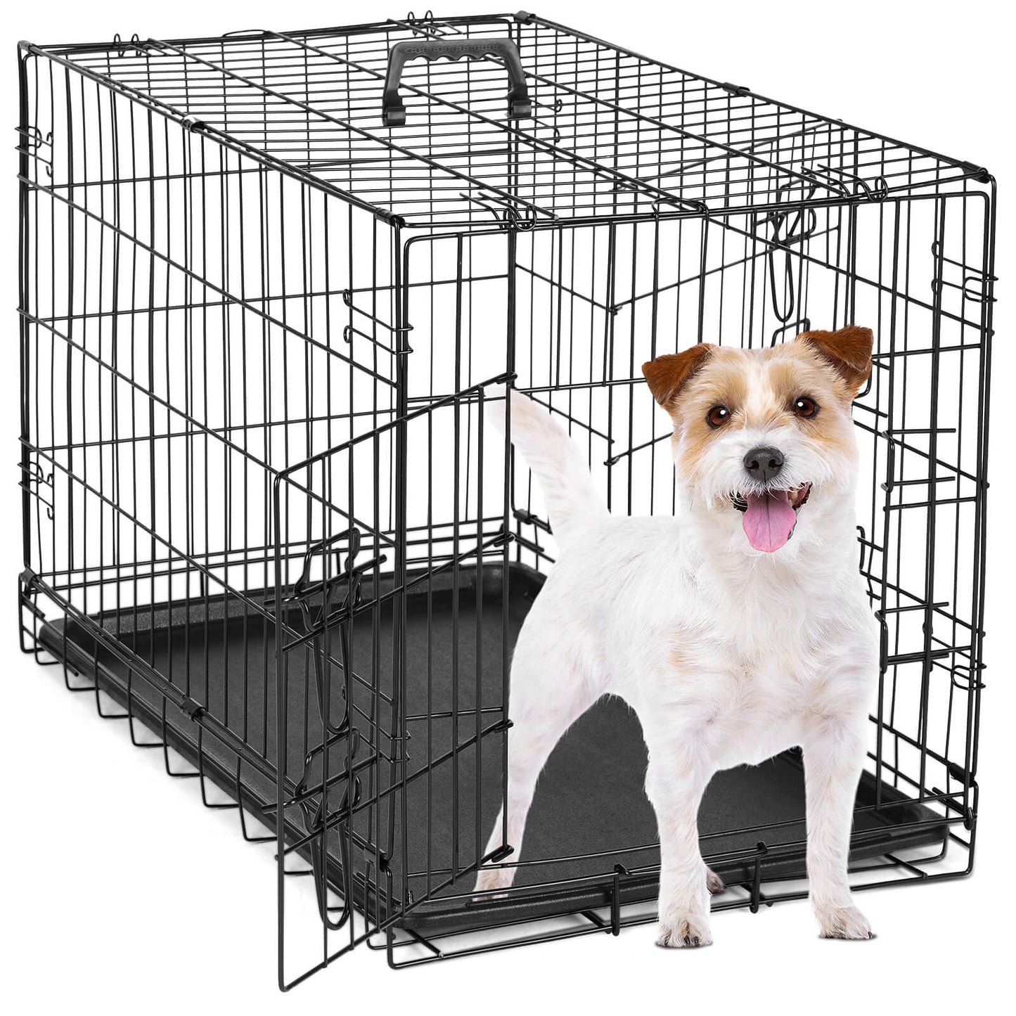 Dog Crate-24/30/36/42/48 inch, Double Door Dog Cage with Divider Panel and Plastic Leak-Proof Pan Tray, foldable, easy to carry, suitable for indoor, outdoor, travel use.