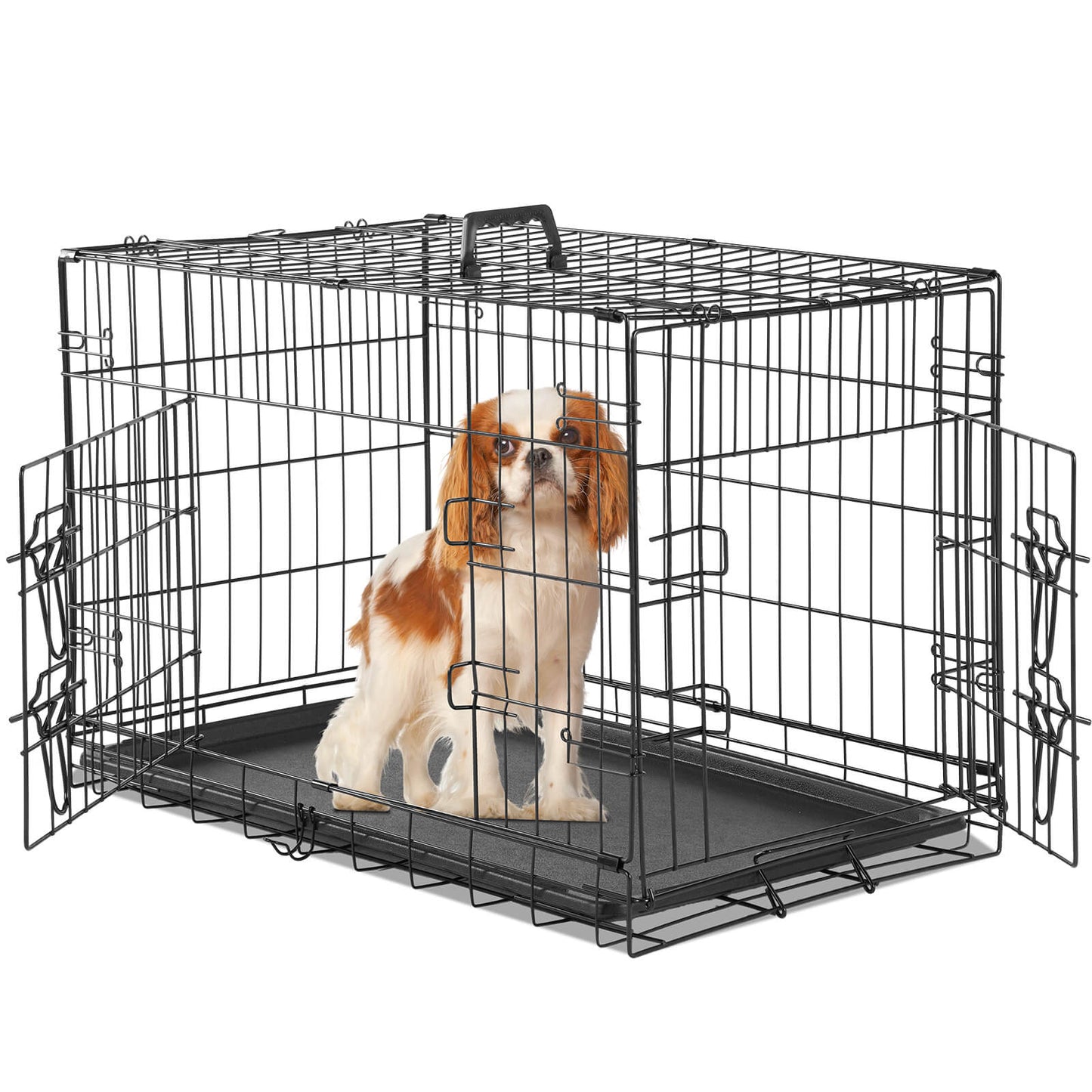 Dog Crate-24/30/36/42/48 inch, Double Door Dog Cage with Divider Panel and Plastic Leak-Proof Pan Tray, foldable, easy to carry, suitable for indoor, outdoor, travel use.