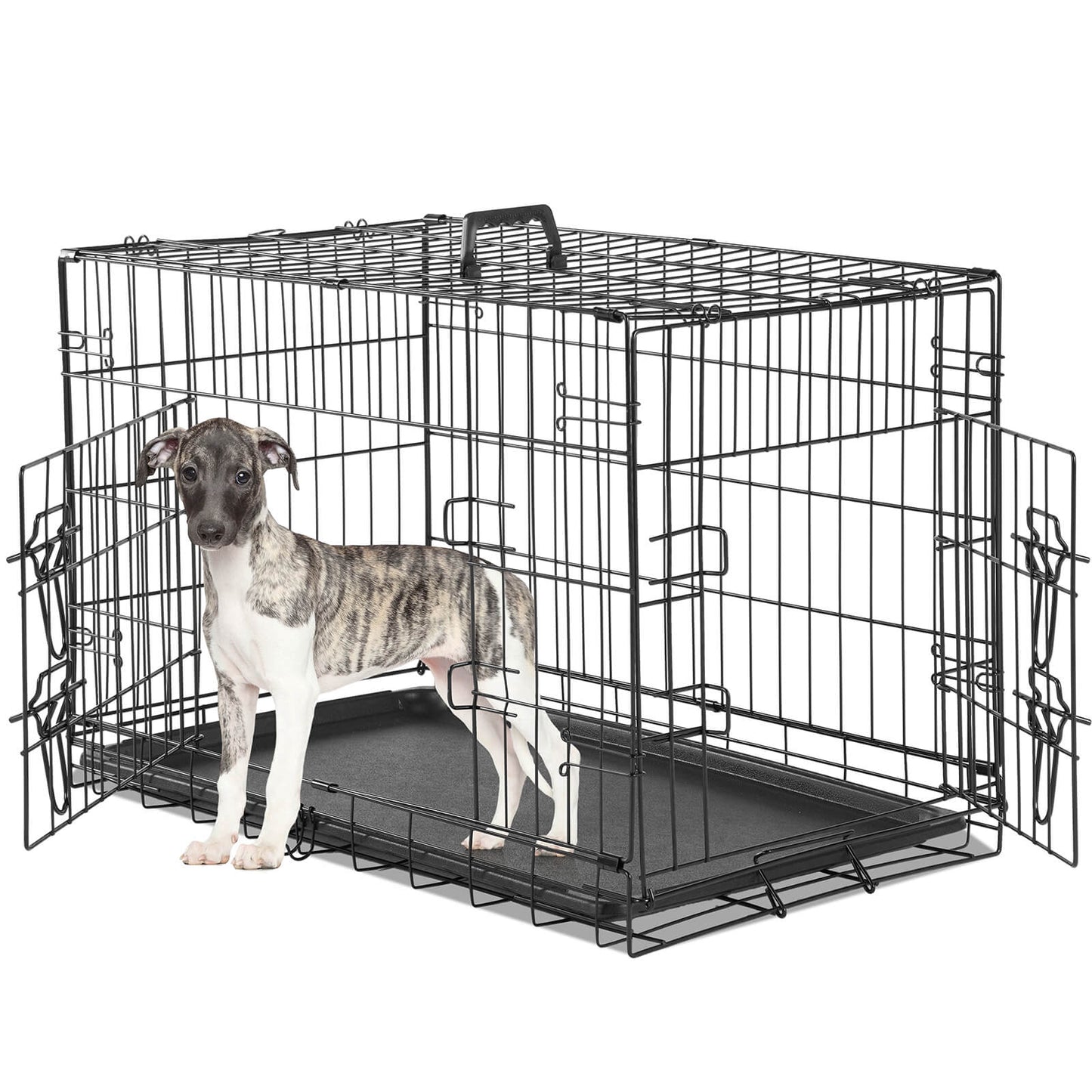 Dog Crate-24/30/36/42/48 inch, Double Door Dog Cage with Divider Panel and Plastic Leak-Proof Pan Tray, foldable, easy to carry, suitable for indoor, outdoor, travel use.