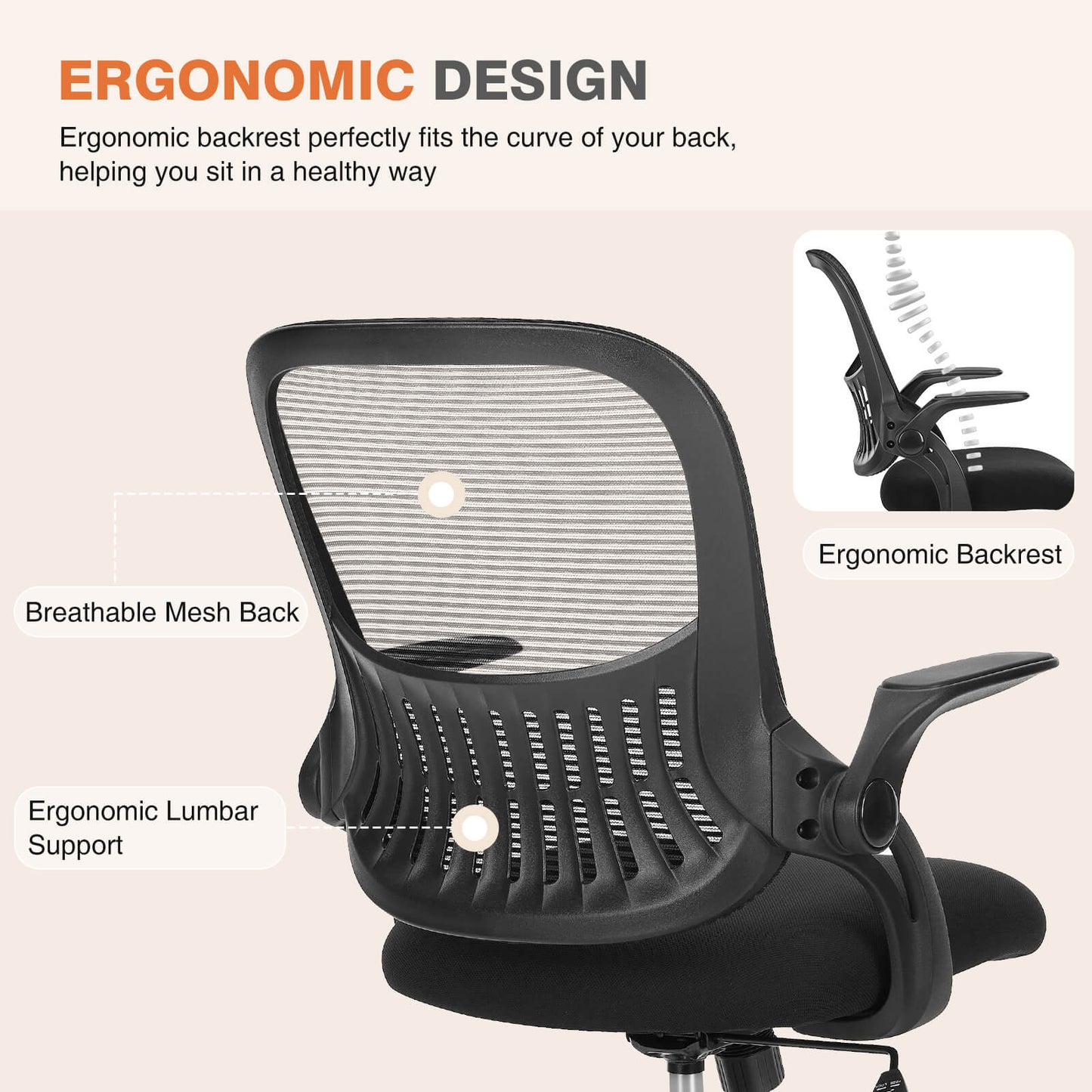 Office Computer Desk Chair-Ergonomic Chair with Wheels, Comfortable Lumbar Support, Comfy Flip-up Arms for Home, Office