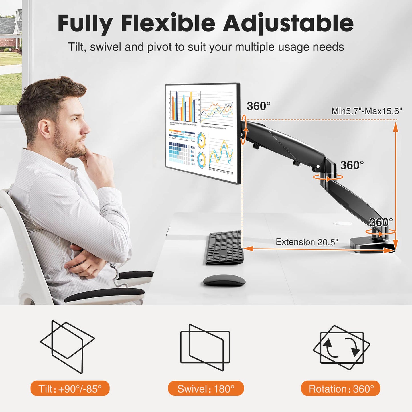 Dual Monitor Stand - Adjustable Gas Spring Monitor Desk Mount Swivel Vesa Bracket with C Clamp, Grommet Mounting Base for 15 to 32 Inch Computer Screens