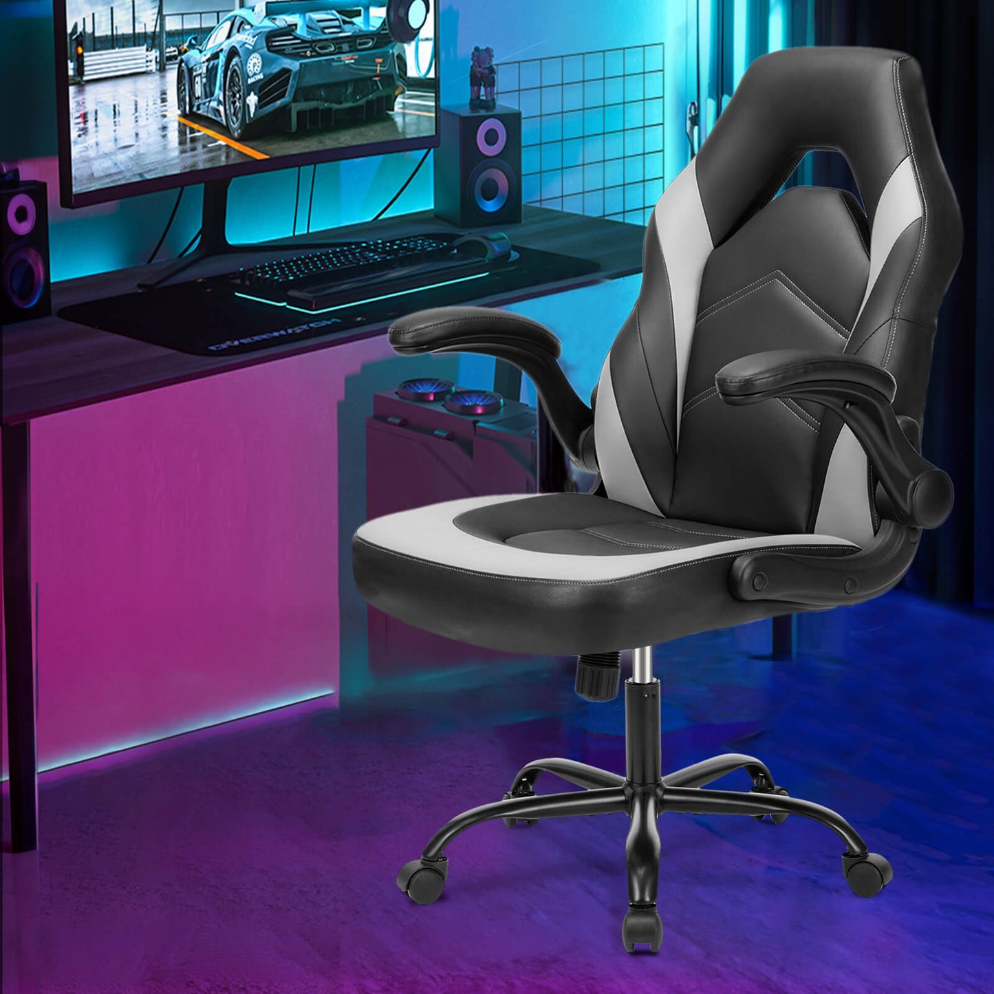 Ergonomic Leather Gaming Chair-Office Desk PU Leather Chair -up Armrests, Swivel Task Chair Adjustable Height for Adults Teens Kids