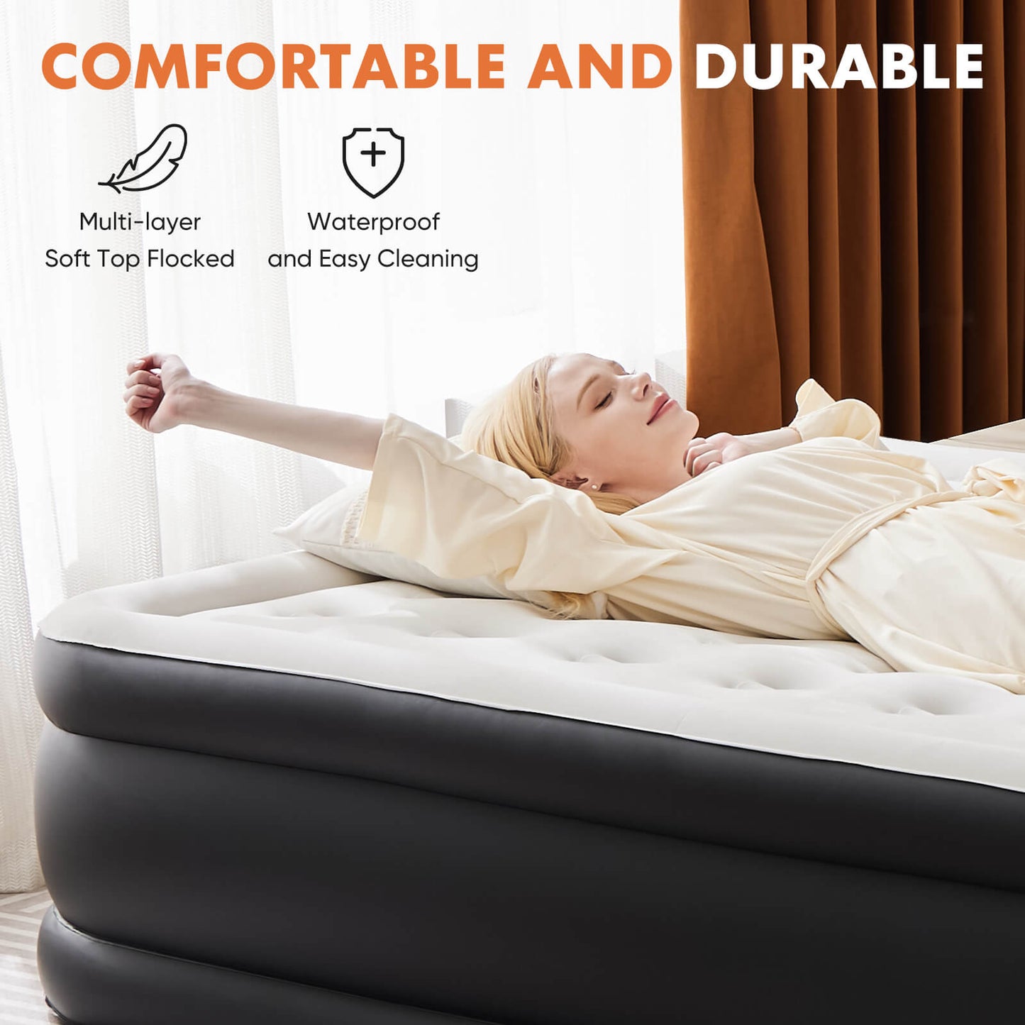 Portable inflatable blow up mattress air bed with built-in high capacity air pump, double height