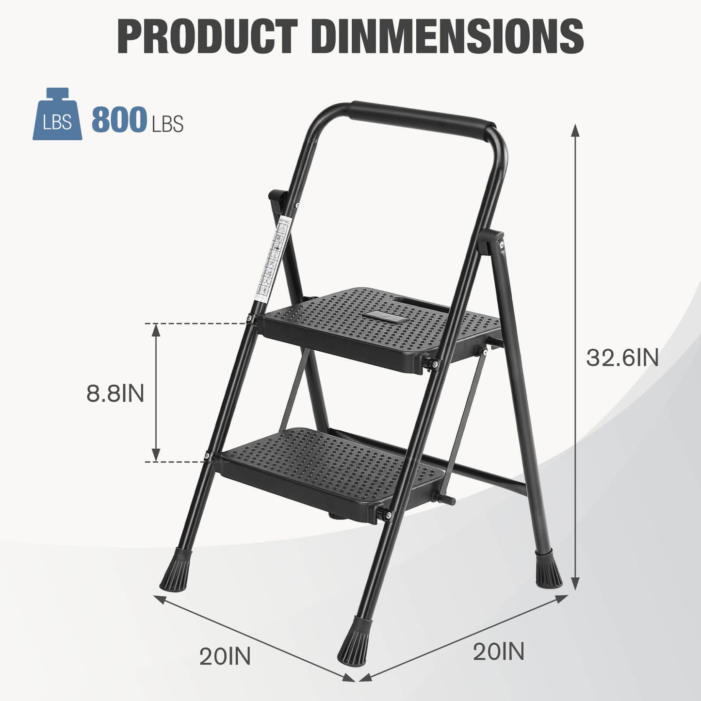 2-step non-slip ladder, 800 lbs Capacity, Foldable, For use in the home and outdoors, picking up and dropping off items