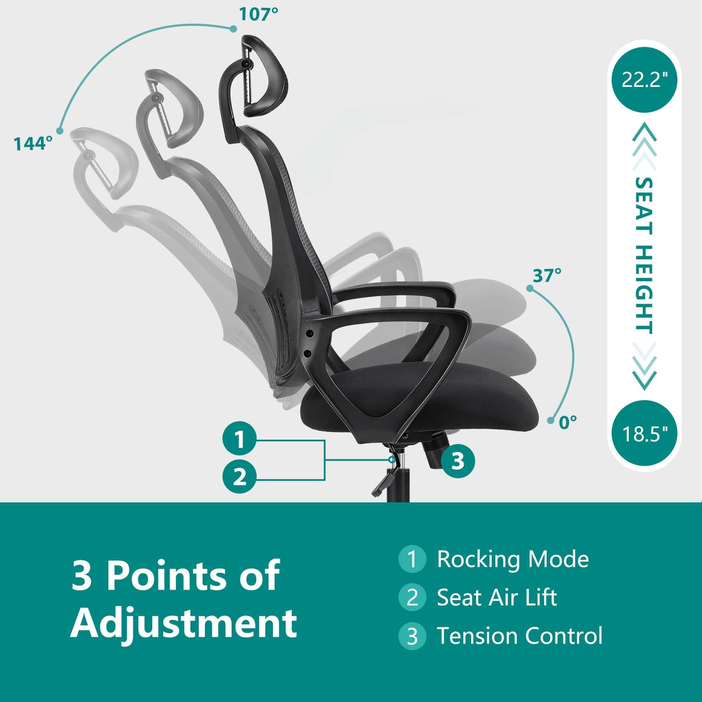 Ergonomic office chair - high back with wheels, adjustable headrest and flip-up armrests for bedroom, study, living room, office