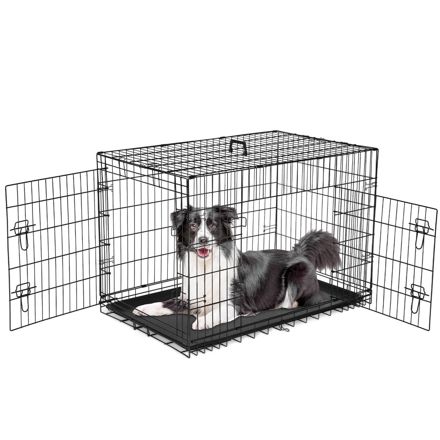 Dog Crate-24/30/36/42/48 inch, Double Door Dog Cage with Divider Panel and Plastic Leak-Proof Pan Tray, foldable, easy to carry, suitable for indoor, outdoor, travel use.