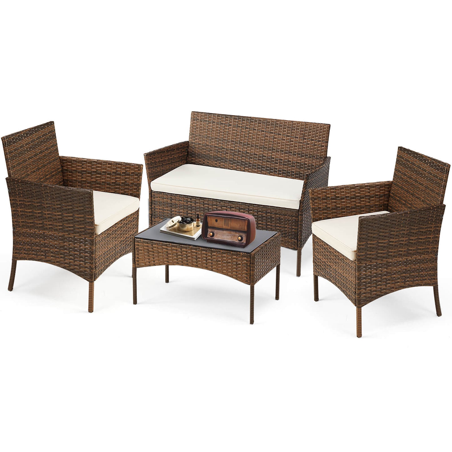 3 Piece Patio Wicker Furniture Set , Patio Chair w/ Table w/ Cushions, Simple Modern Comfort