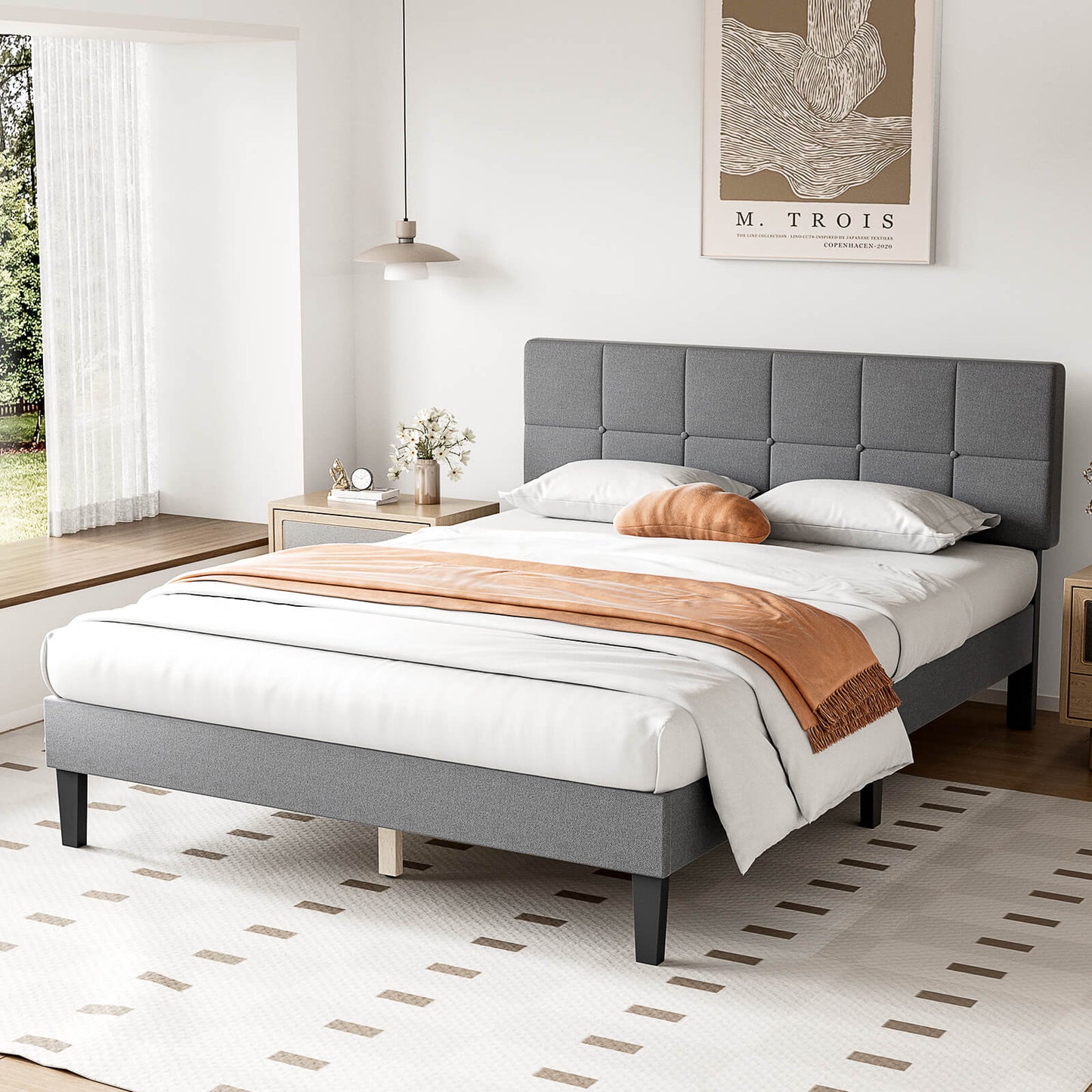 Platform Bed Frame with Headboard-No Box Spring Needed, Linen Upholstered Bed Frame with Wood Slats Support, Noise Free