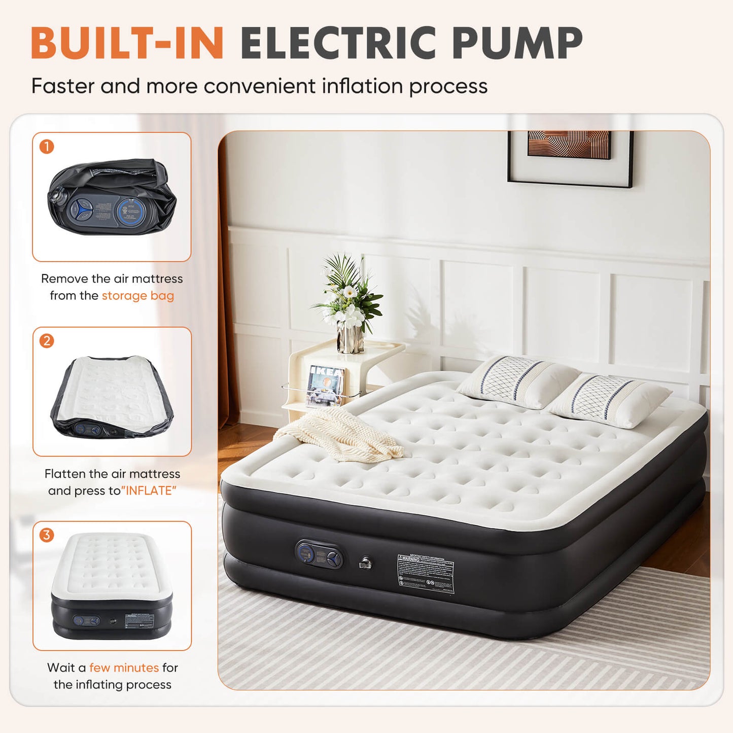 Portable inflatable blow up mattress air bed with built-in high capacity air pump, double height