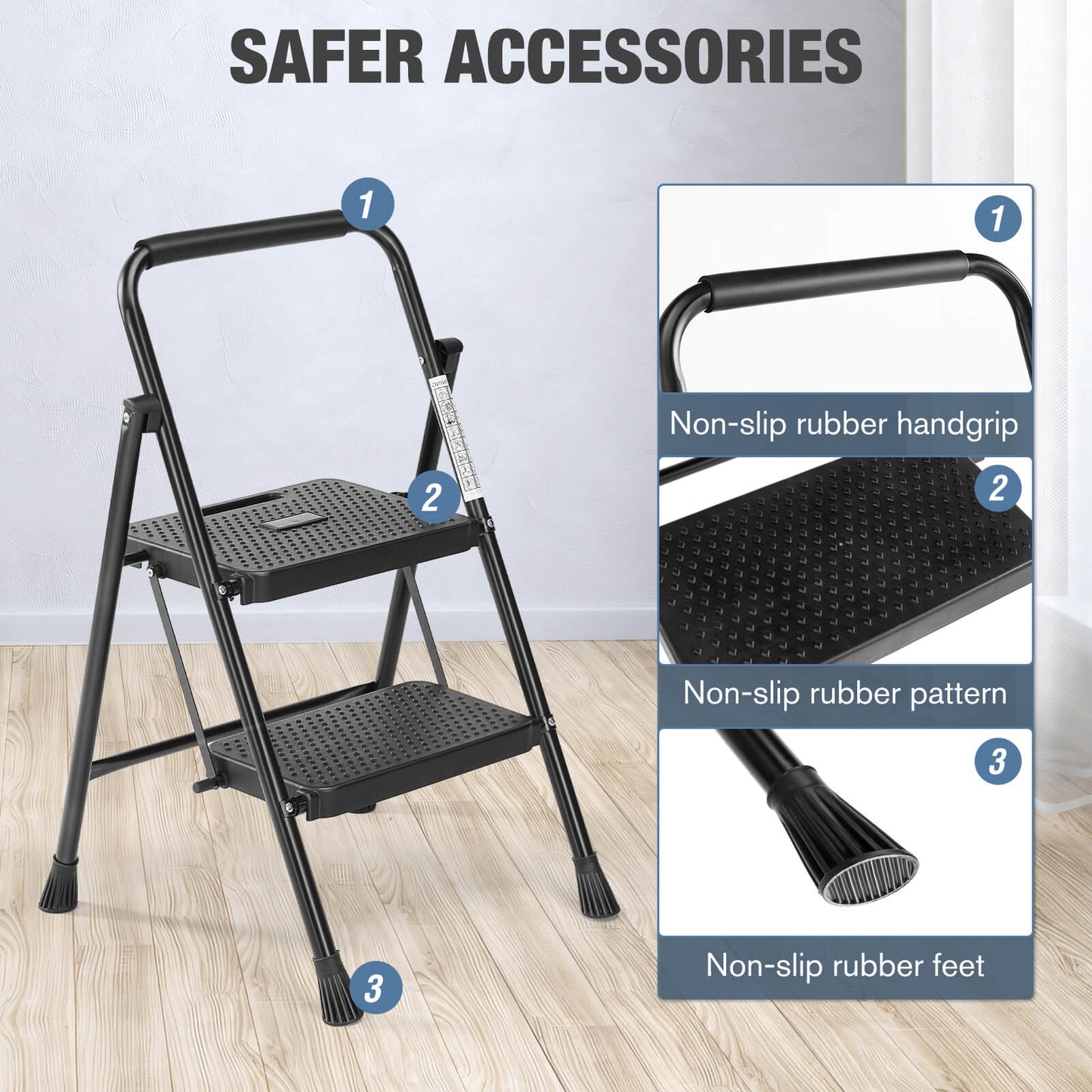 2-step non-slip ladder, 800 lbs Capacity, Foldable, For use in the home and outdoors, picking up and dropping off items