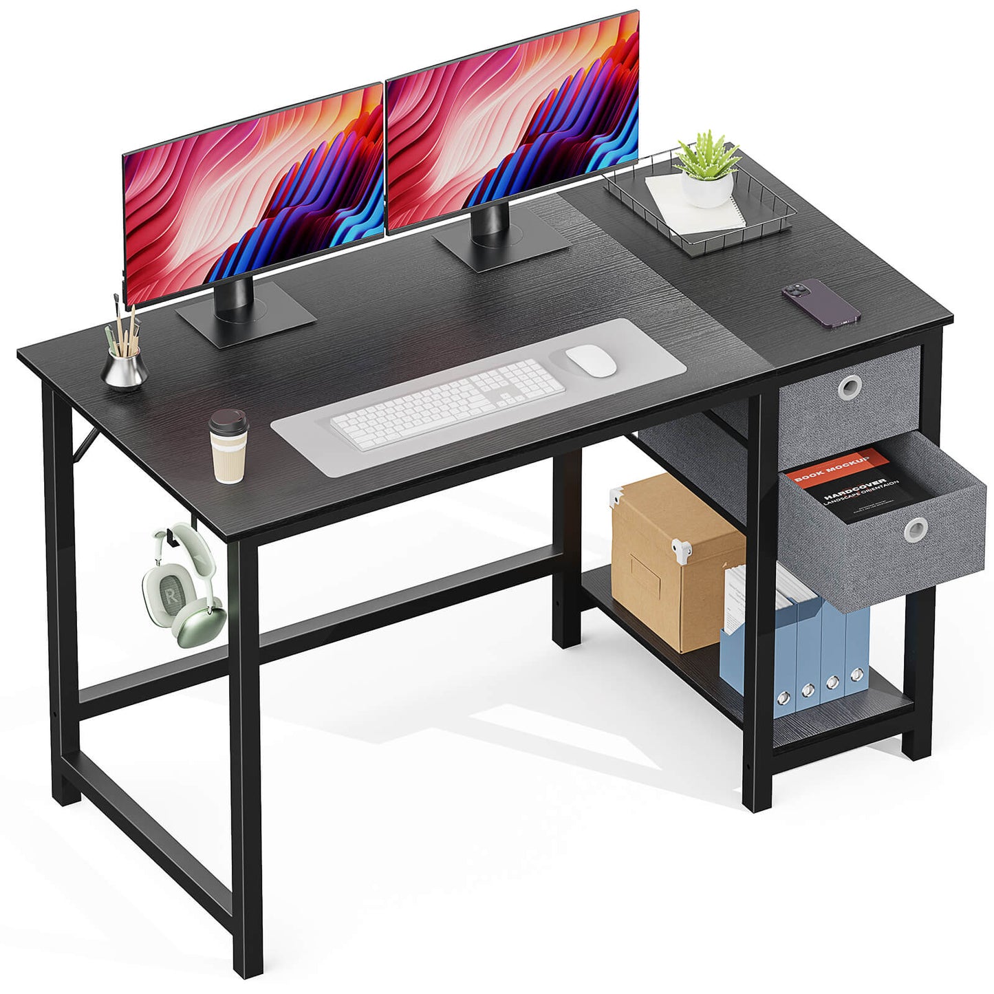 Computer Desk -40/47/55 inch Desk Study Desk with 2 Drawer Storage Shelf Headphone Hook for Bedroom, Game Room, Office, Living Room