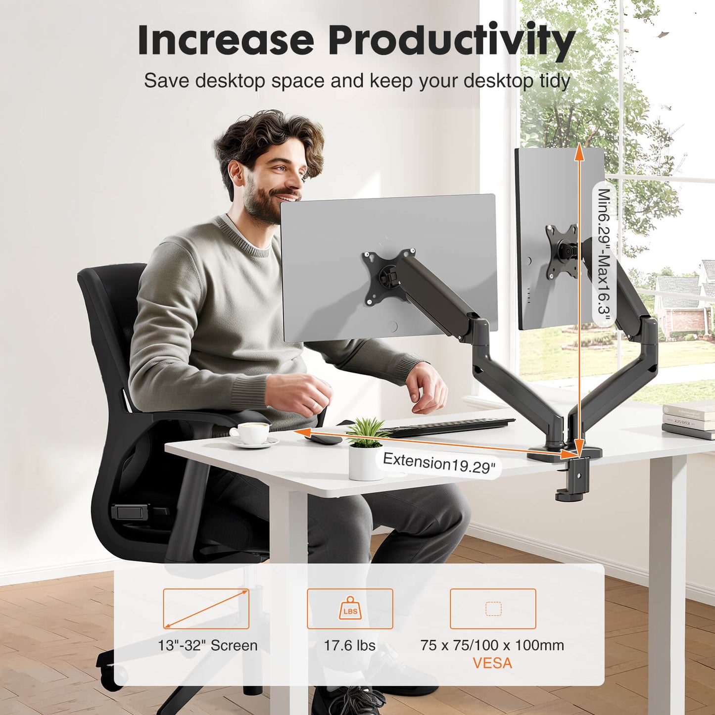 Dual Monitor Stand - Adjustable Gas Spring Monitor Desk Mount Swivel Vesa Bracket with C Clamp, Grommet Mounting Base for 15 to 32 Inch Computer Screens