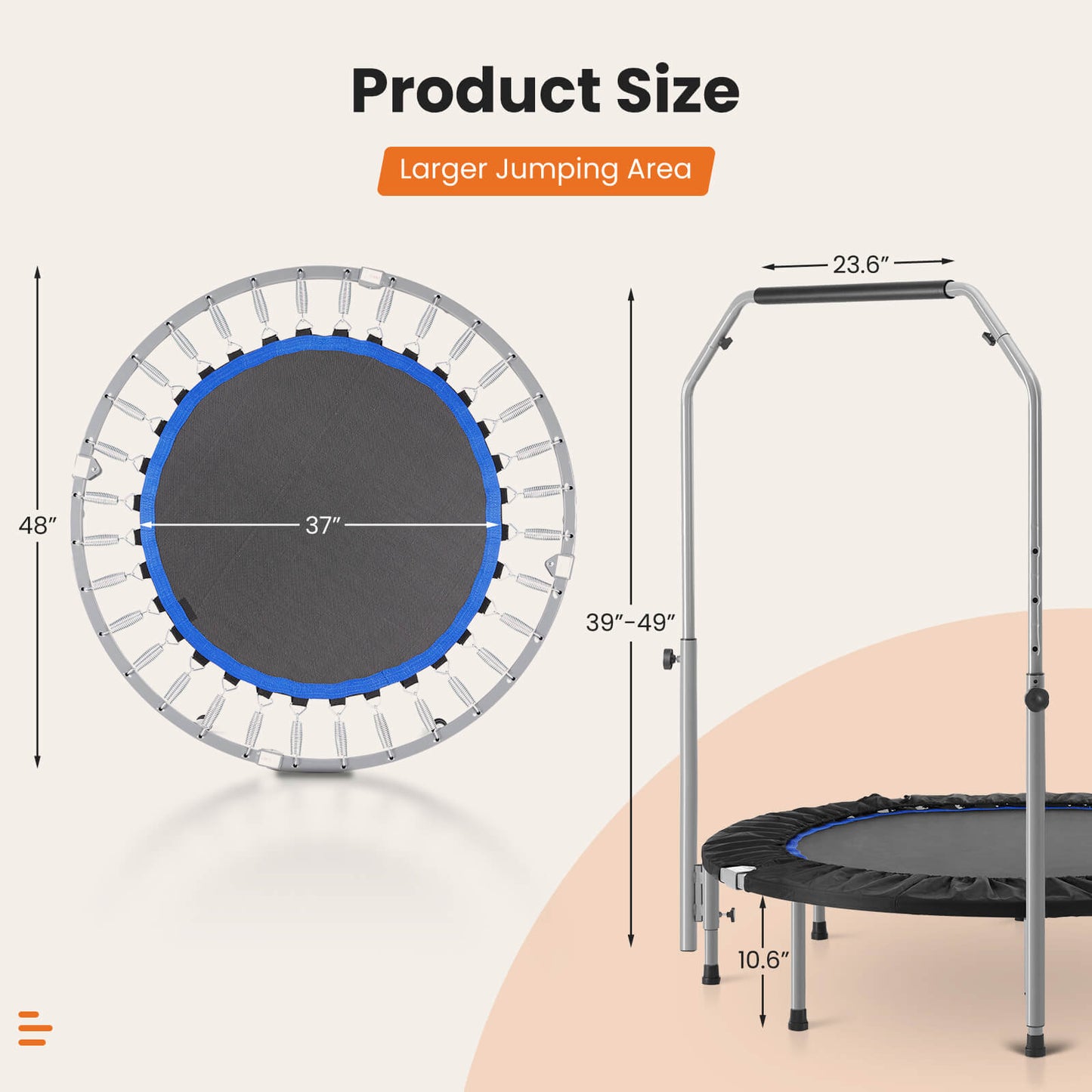 40"/48" Foldable Mini Trampoline for Adults, Rebounder Trampoline for Adults with Adjustable Bar