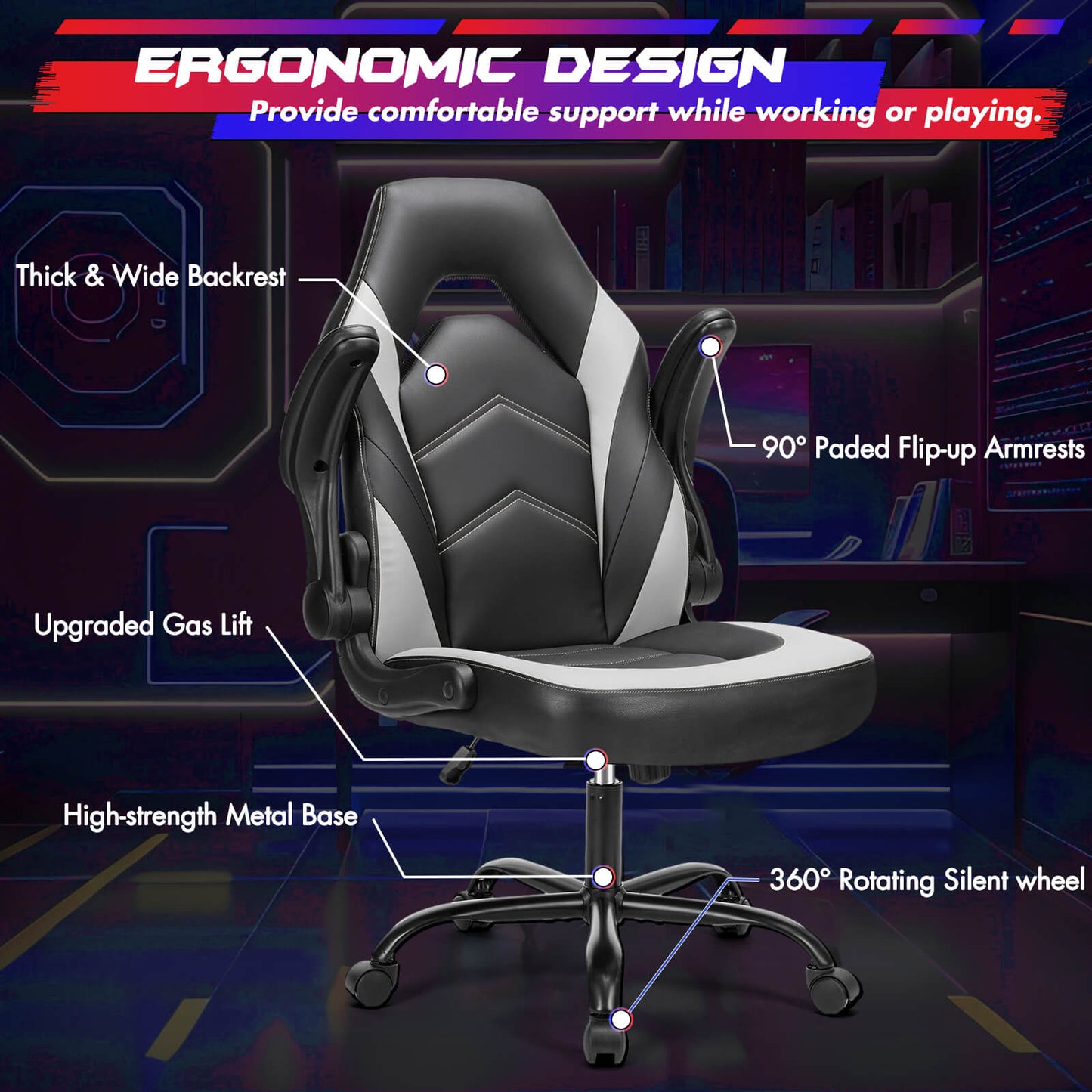 Ergonomic Leather Gaming Chair-Office Desk PU Leather Chair -up Armrests, Swivel Task Chair Adjustable Height for Adults Teens Kids