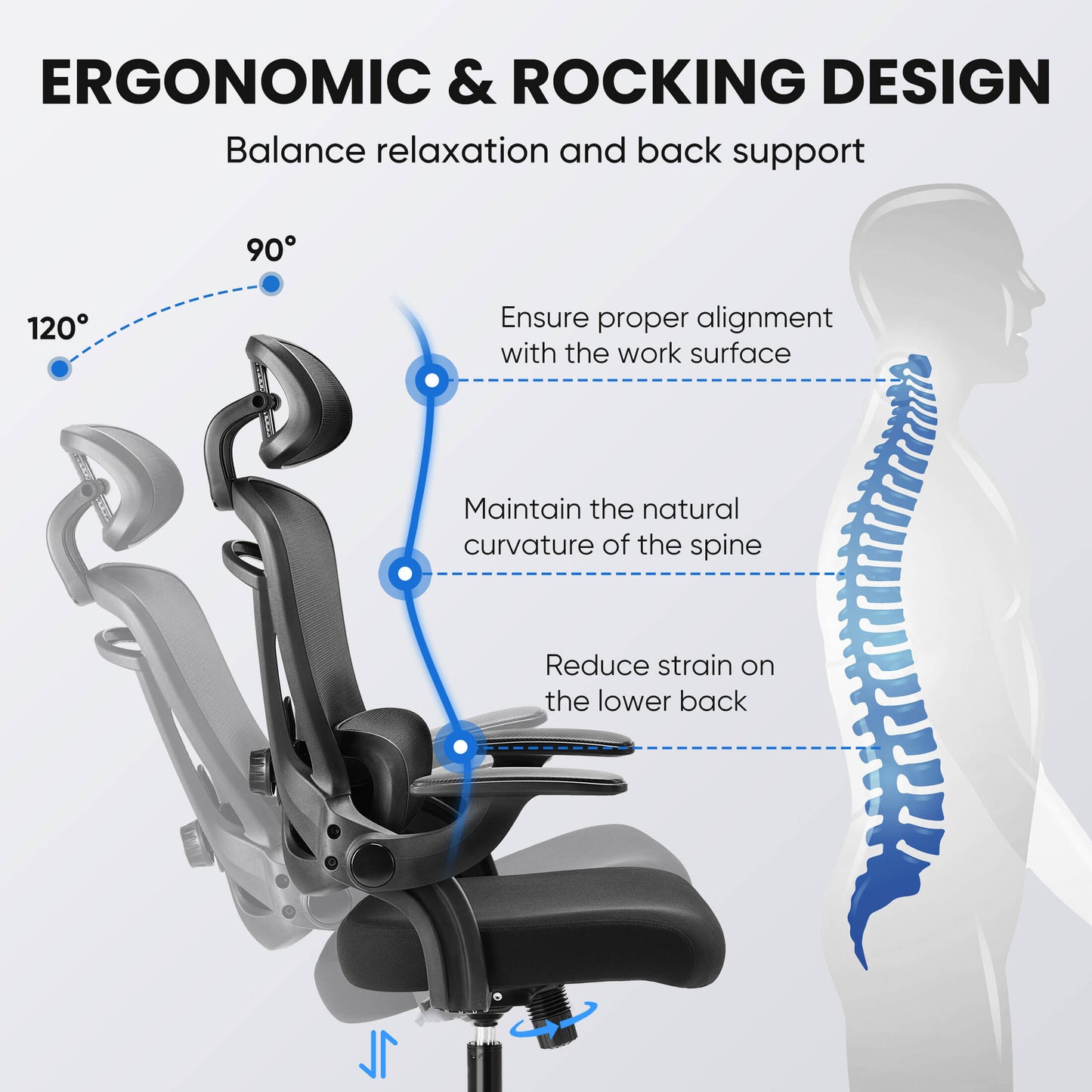 Ergonomic office chair-with adjustable lumbar support and headrest, soft flip-up armrests, height and 120° tilt adjustment