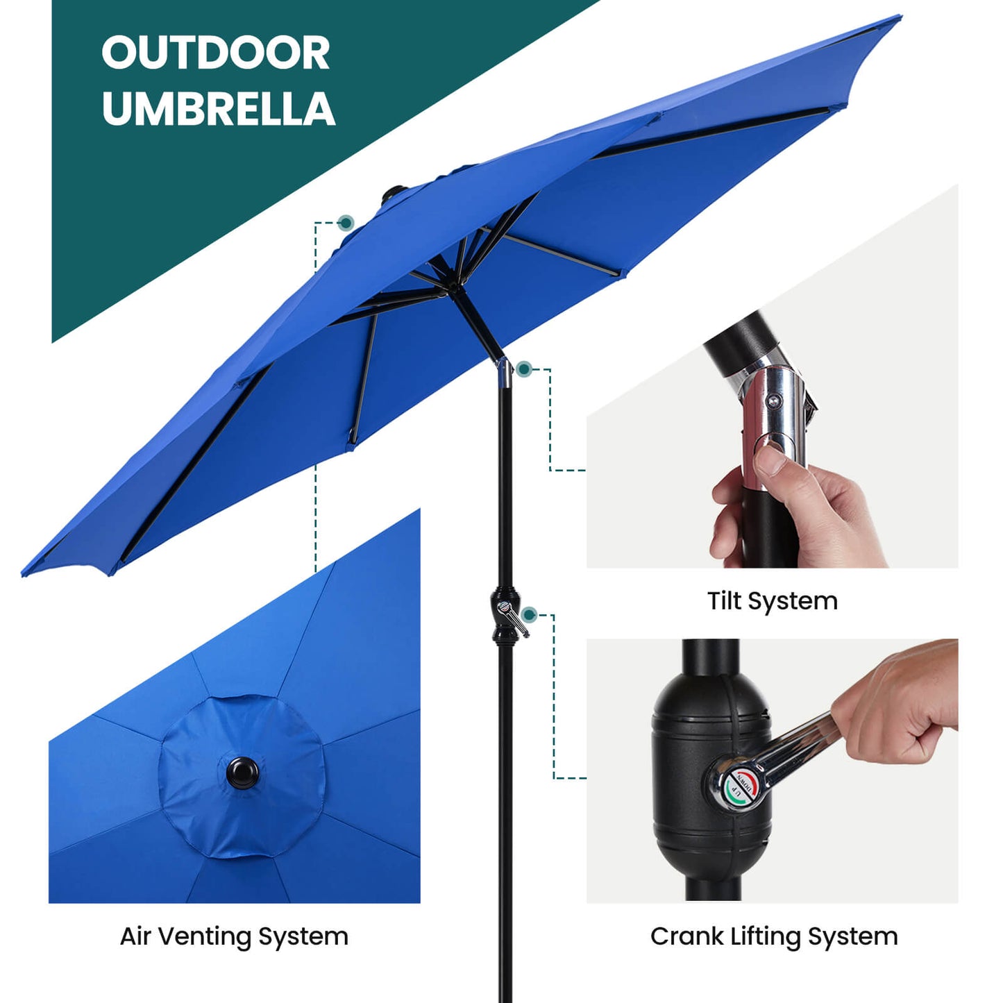 9FT Patio Umbrella with Push Button Tilt and Crank,  with 8 Sturdy Ribs,Outdoor Umbrella, Pool Umbrella, for Market, Terrace, Beach, Outdoor Restaurant