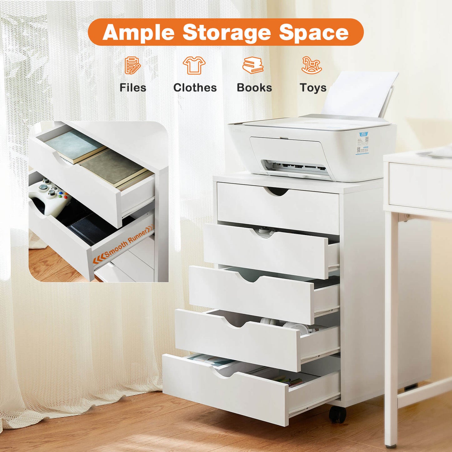 5 Drawer Chest of Drawers, Wooden Dresser, Removable Storage Cabinet, Can be placed under Desk, Suitable for Home, Office