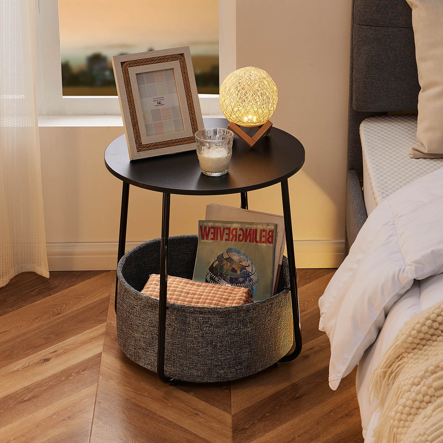 Compact nightstand, sofa side table, can be used in living room, nursery room, bedroom, comes with fabric basket for easy storage