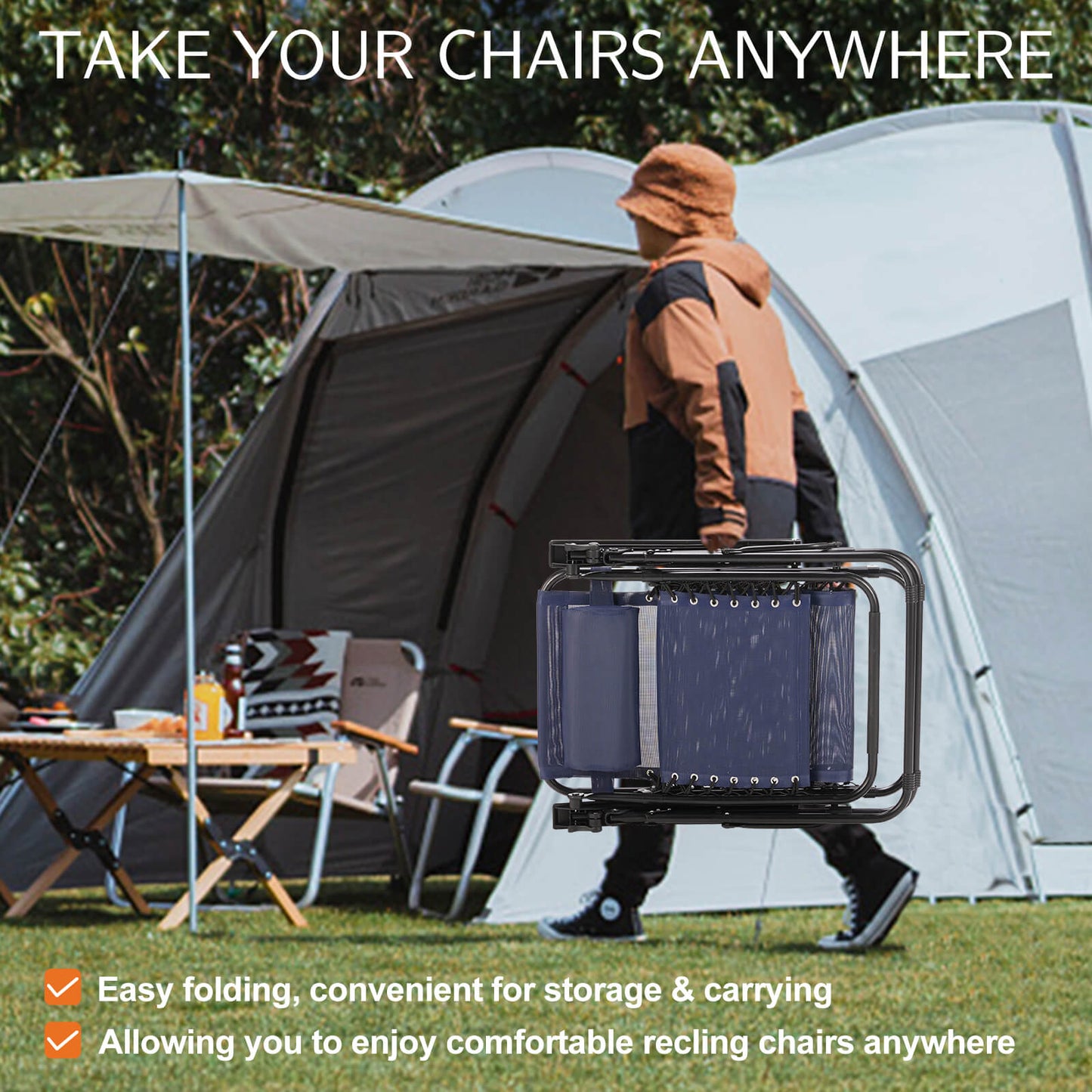 Zero Gravity Chairs - Set of 2 portable recliners with adjustable steel mesh for beach, camping, patio and lawn.