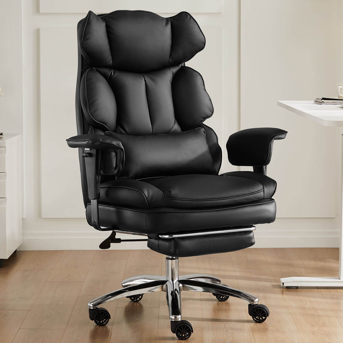 Office Computer Chair - High Back PU Leather Taipan Swivel Chair with Ergonomic Leg Rest and Lumbar Support, Height Adjustable