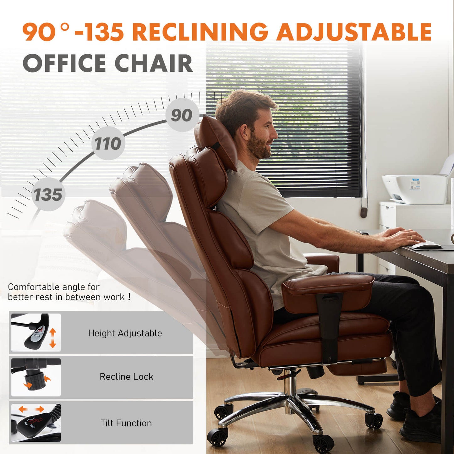 Office Computer Chair - High Back PU Leather Taipan Swivel Chair with Ergonomic Leg Rest and Lumbar Support, Height Adjustable