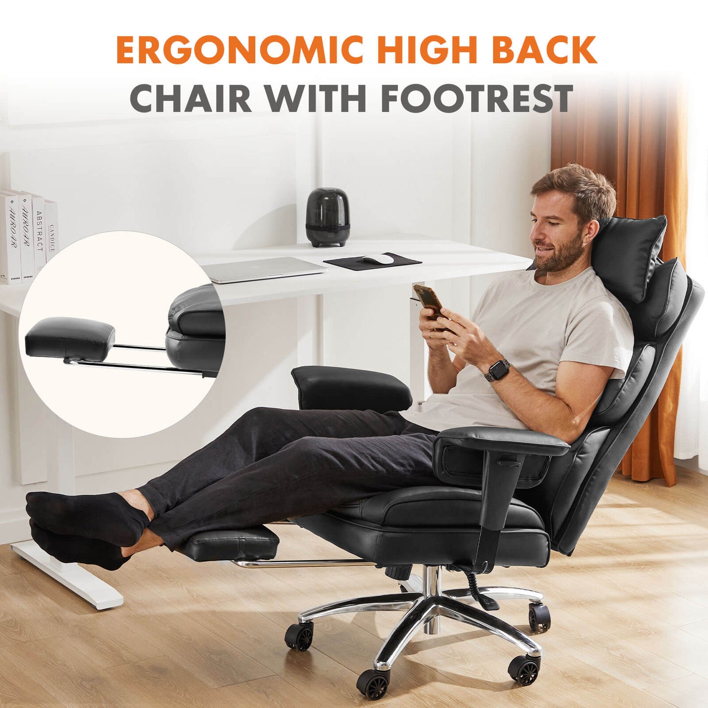 Office Computer Chair - High Back PU Leather Taipan Swivel Chair with Ergonomic Leg Rest and Lumbar Support, Height Adjustable