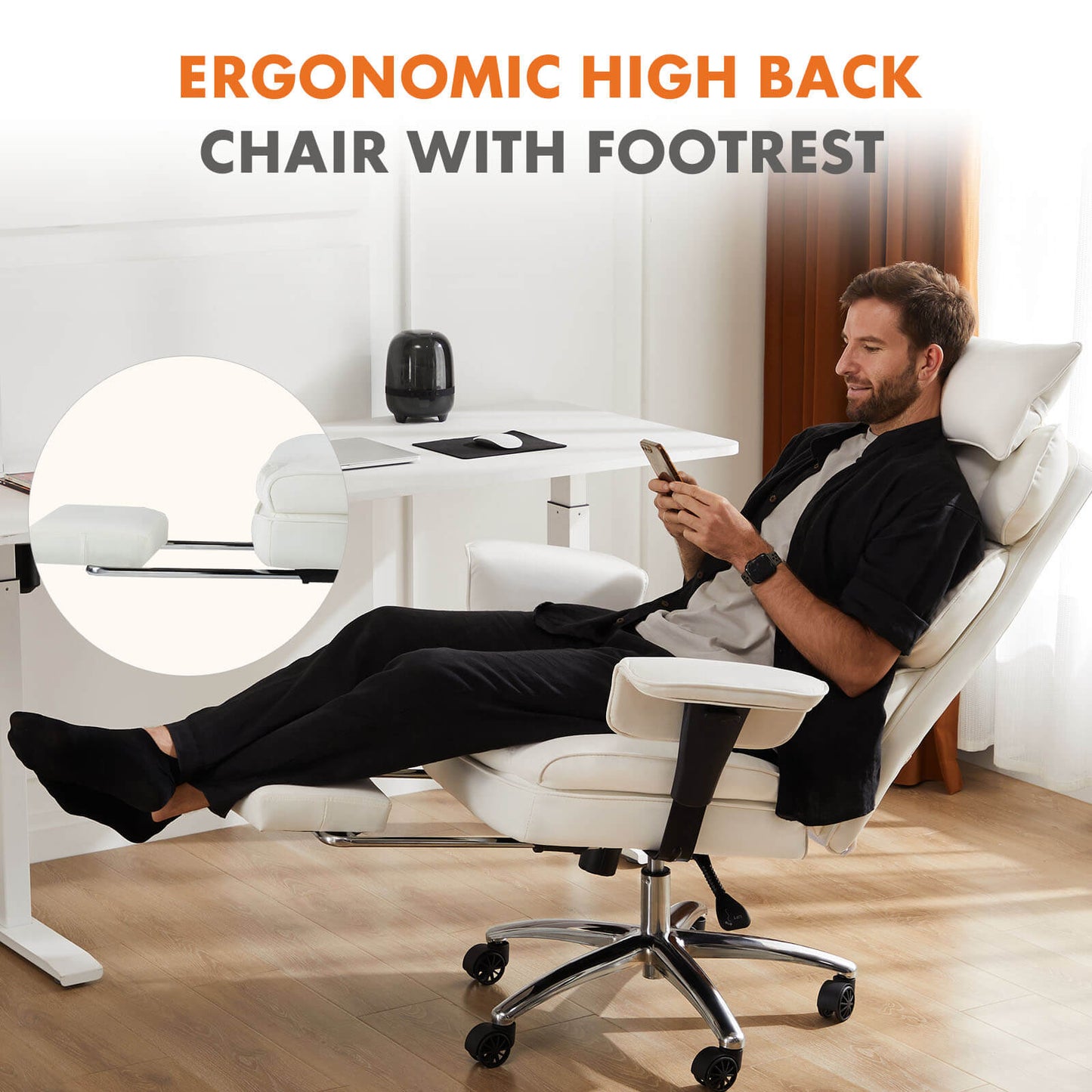 Office Computer Chair - High Back PU Leather Taipan Swivel Chair with Ergonomic Leg Rest and Lumbar Support, Height Adjustable