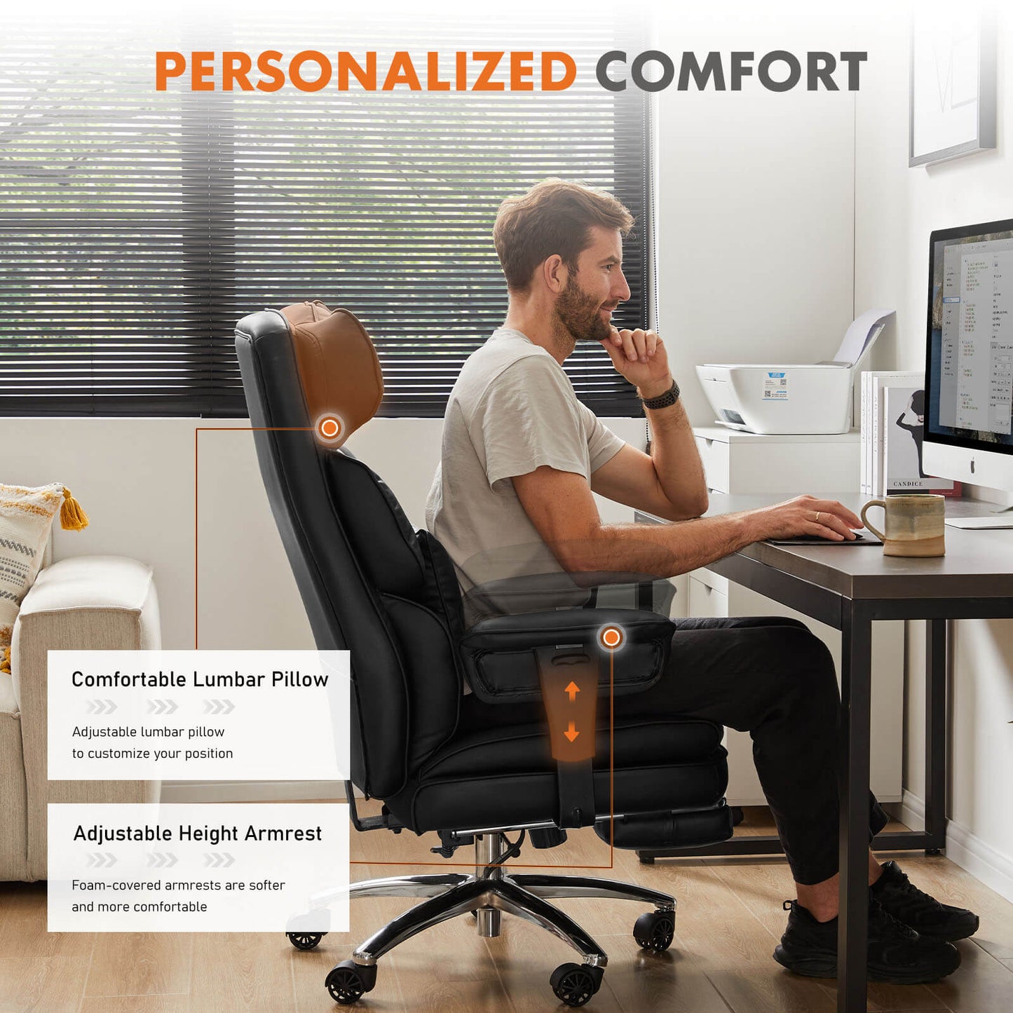 Office Computer Chair - High Back PU Leather Taipan Swivel Chair with Ergonomic Leg Rest and Lumbar Support, Height Adjustable